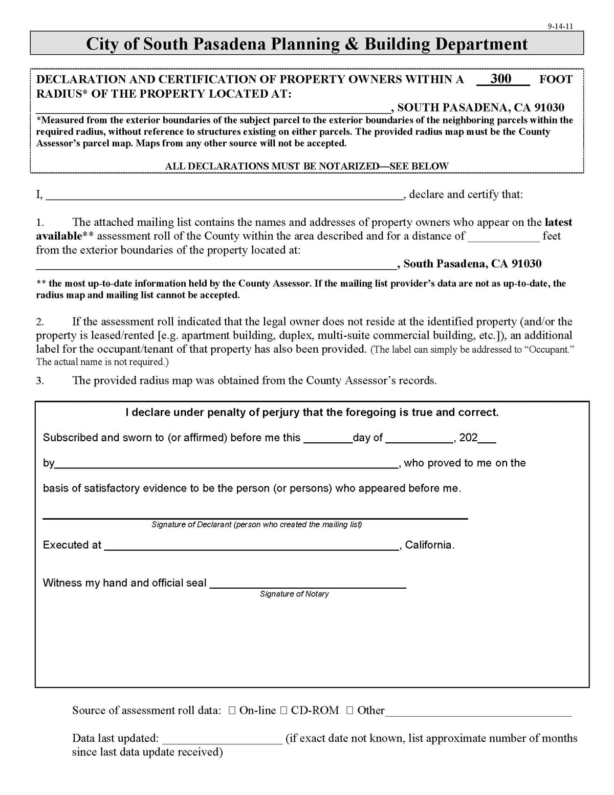 South Pasadena Declaration and Certification of Property Owners Affidavit 300 Foot