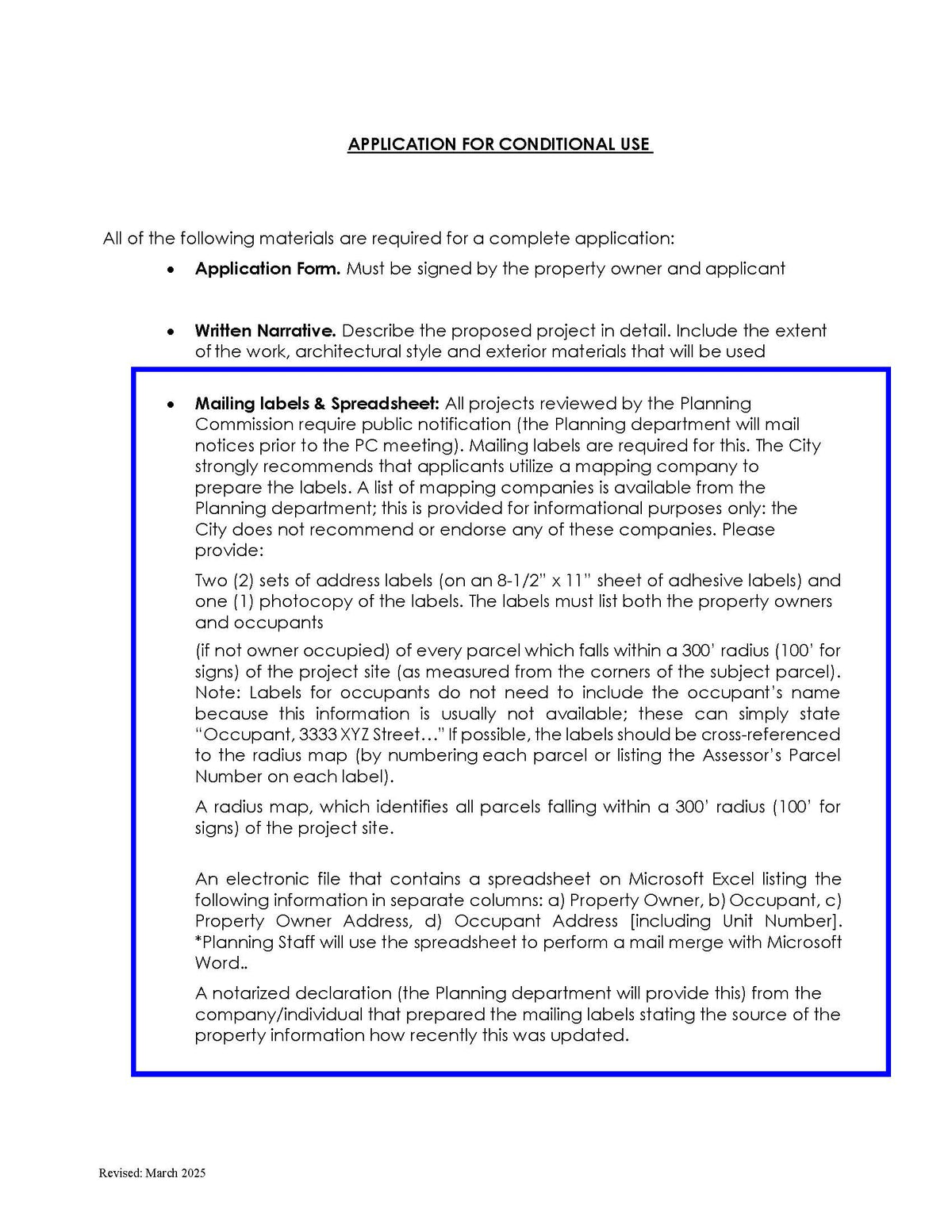 South Pasadena Mailing Labels and Spreadsheet Requirements