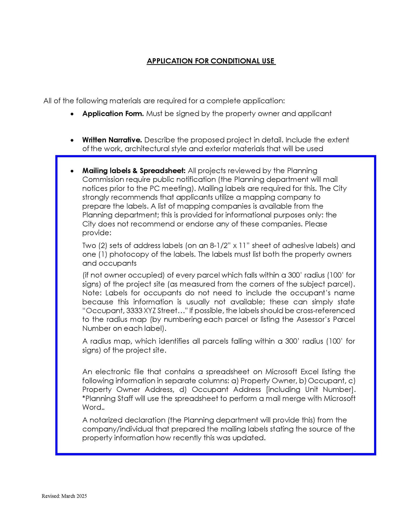 South Pasadena Mailing Labels and Spreadsheet Requirements