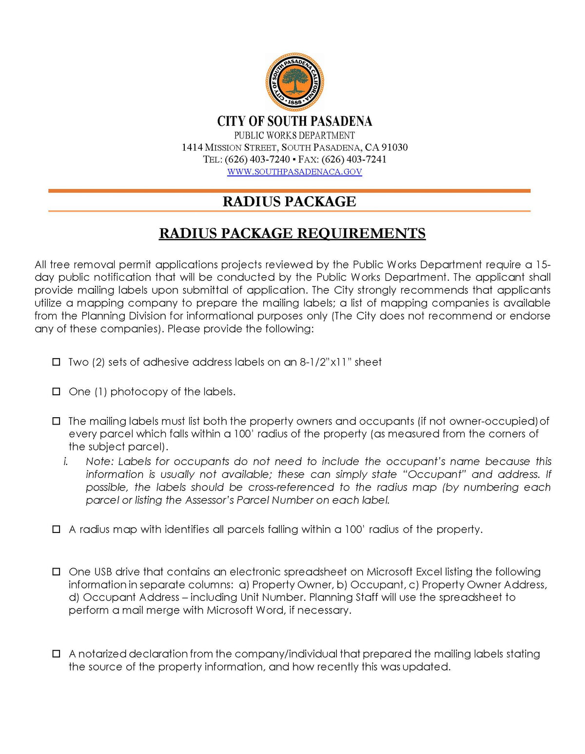 South Pasadena Radius Package Requirements Tree Removal