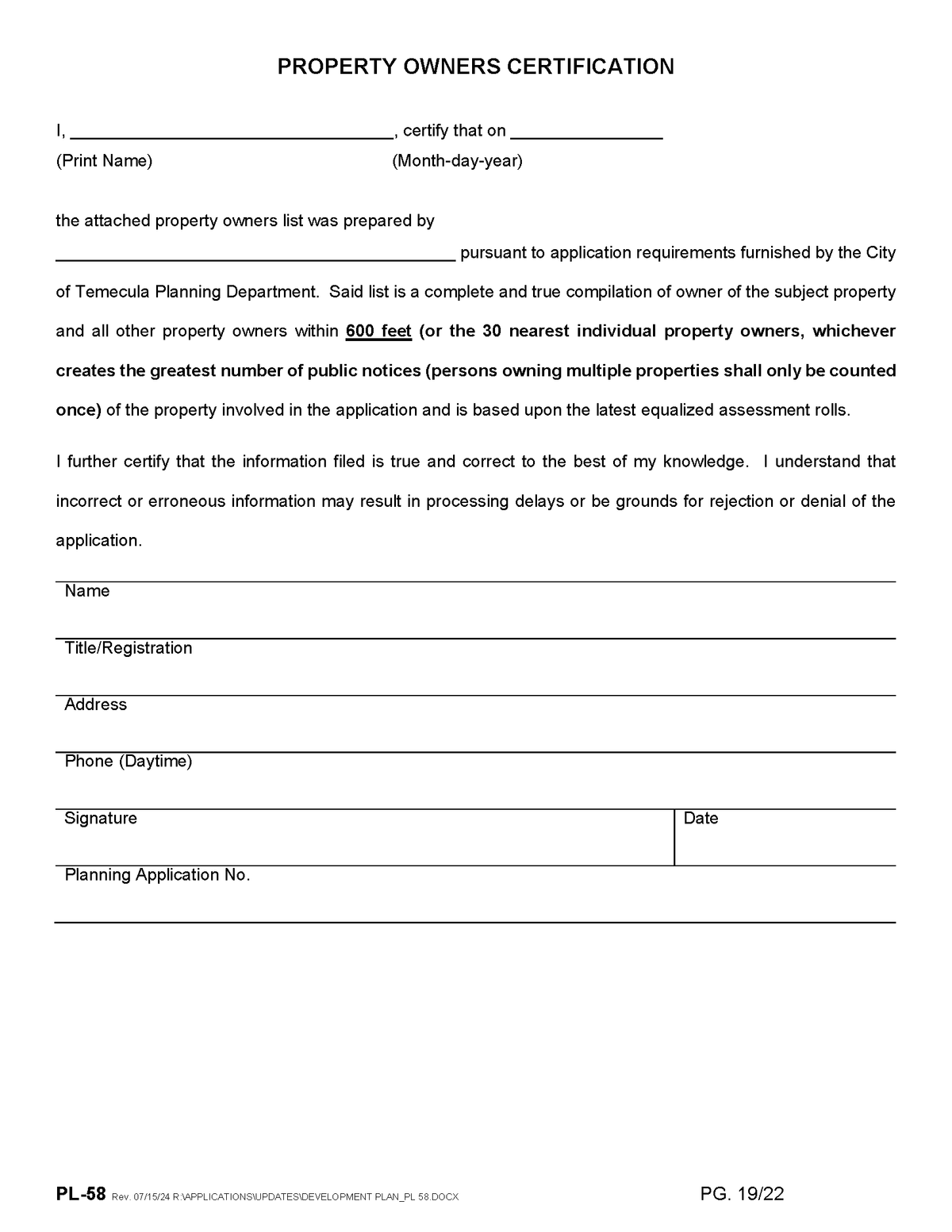 Temeculat Planning CUP Property Owners Certification 600 feet. 