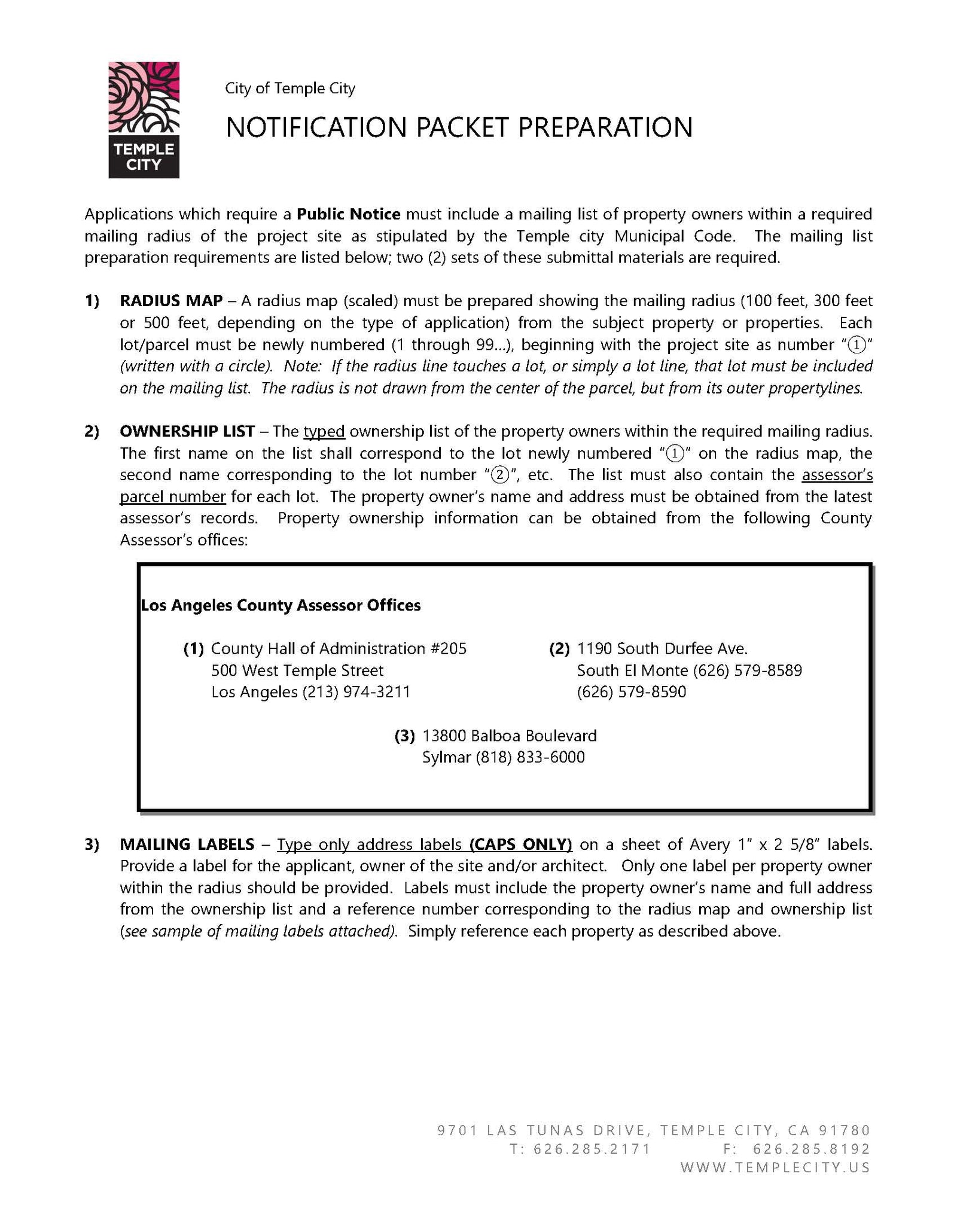 Temple City public hearing notification packet requirements