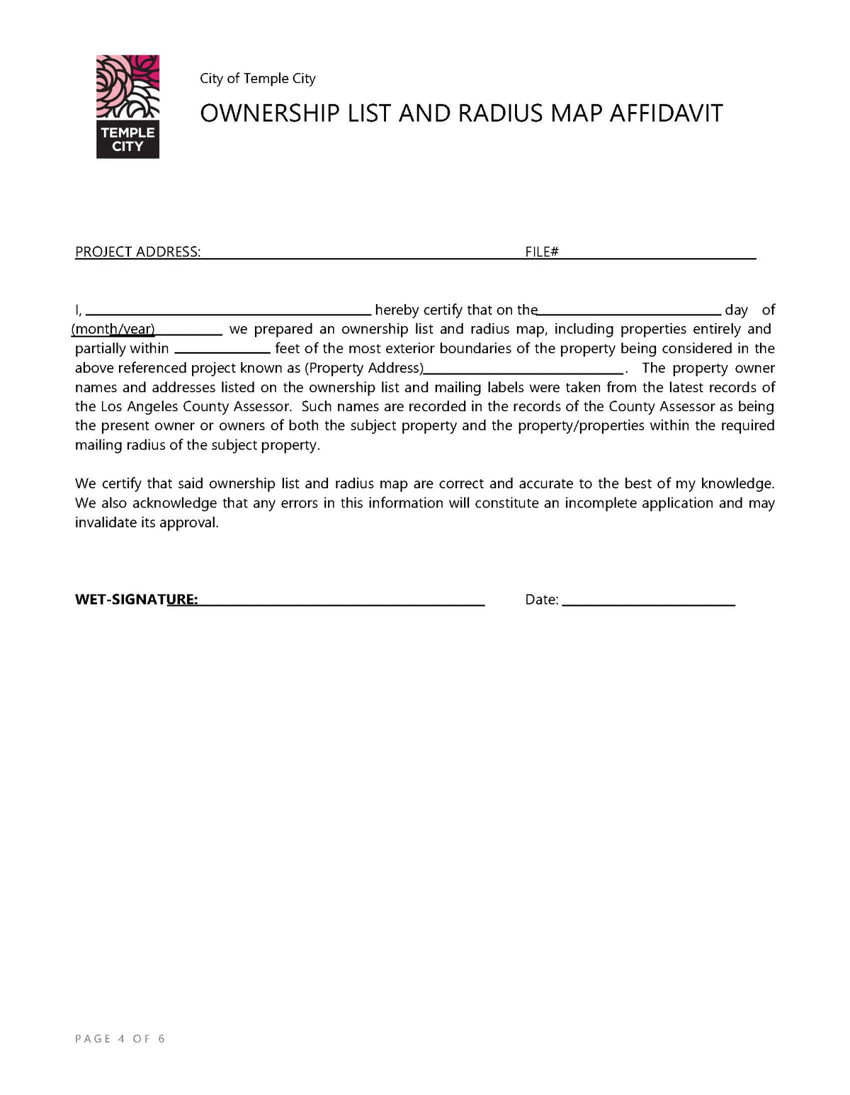 Temple City ownership list and radius map affidavit with wet signature