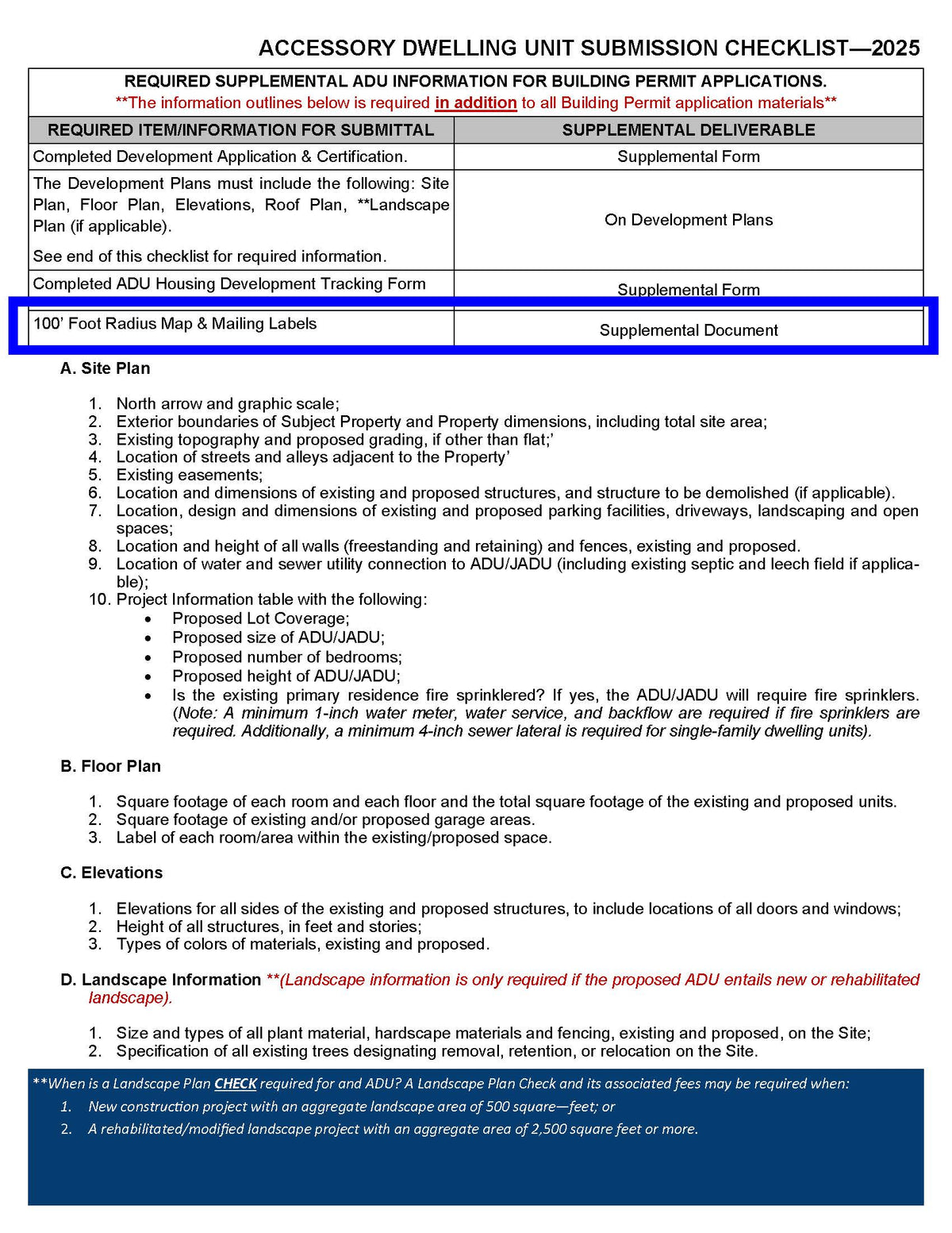Walnut Accessory Dwelling Unit (ADU) 100 foot radius map and mailing labels requirement