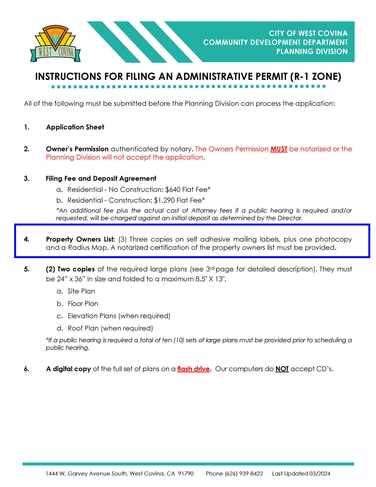 West Covina Administrative Permit (R-1 Zone) requirement – 3 sets labels + notarized owners list required