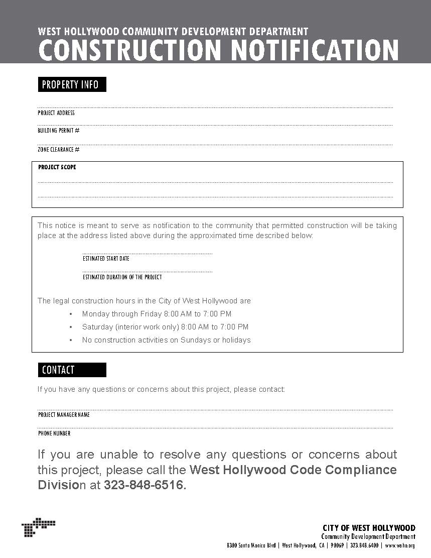 West Hollywood official construction notification template – 500 ft radius required
