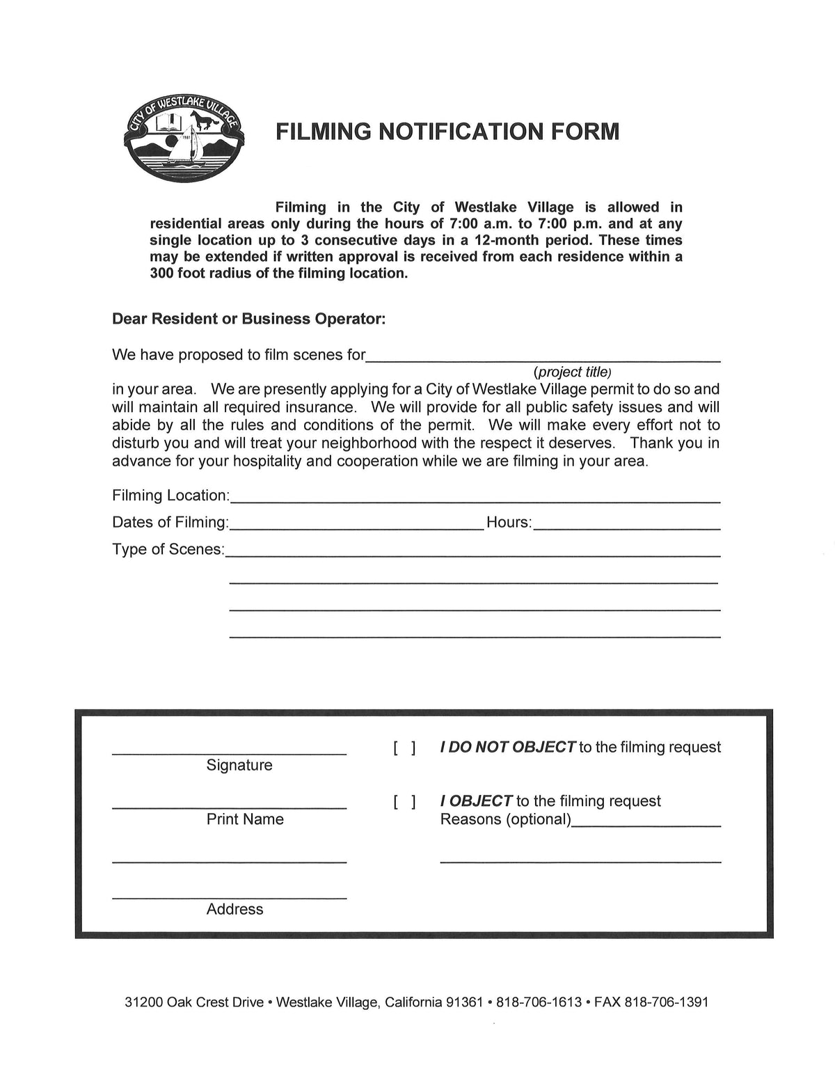 Filming Permit Example Westlake Village Film Permit / Adjacent Residences and Businesses With ...