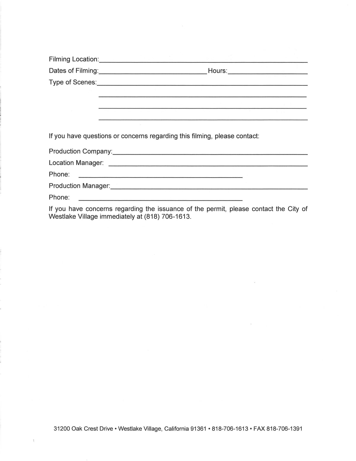 Official Westlake Village filming notification letter template (must be delivered within 1 business day)