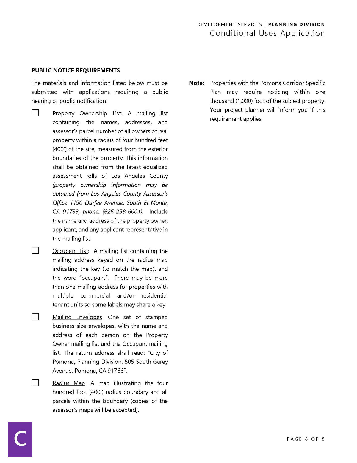 Pomona Conditional Use Application with property ownership list, occupant list, and radius map requirements