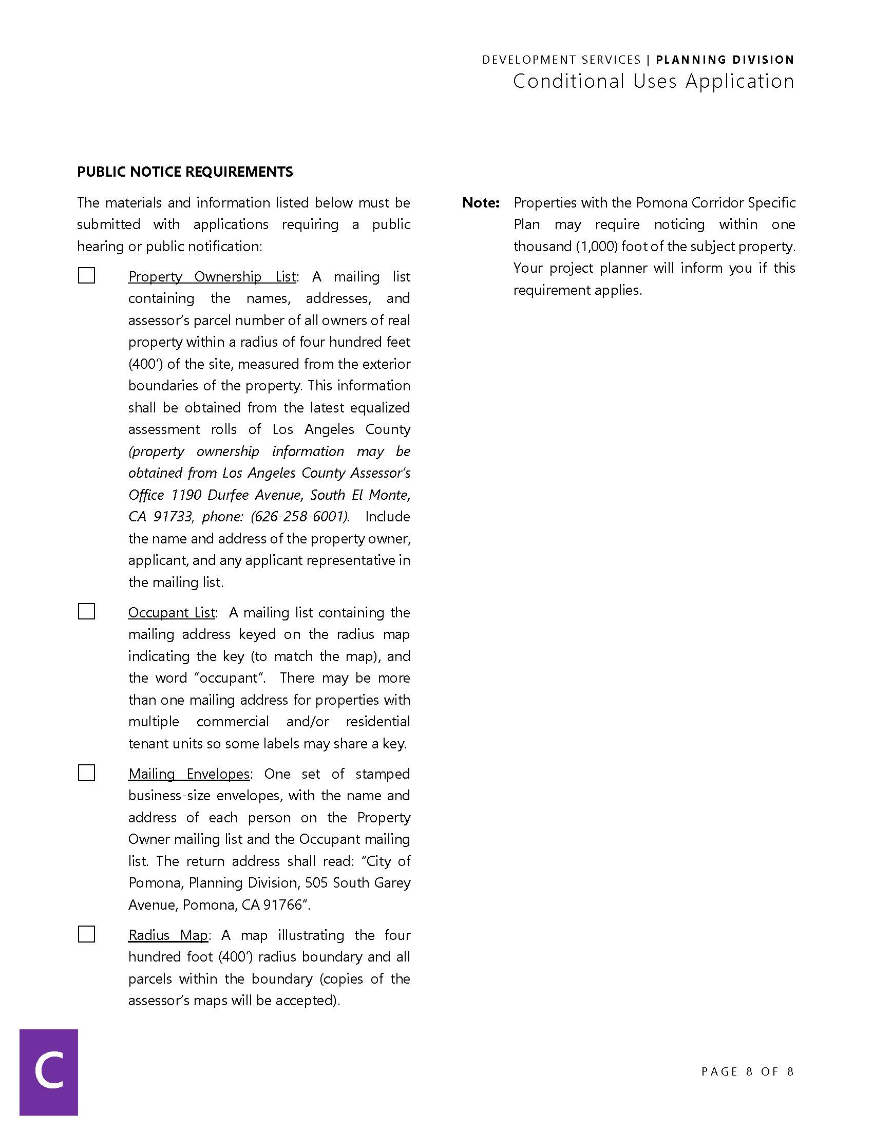 Pomona Conditional Use Application with property ownership list, occupant list, and radius map requirements