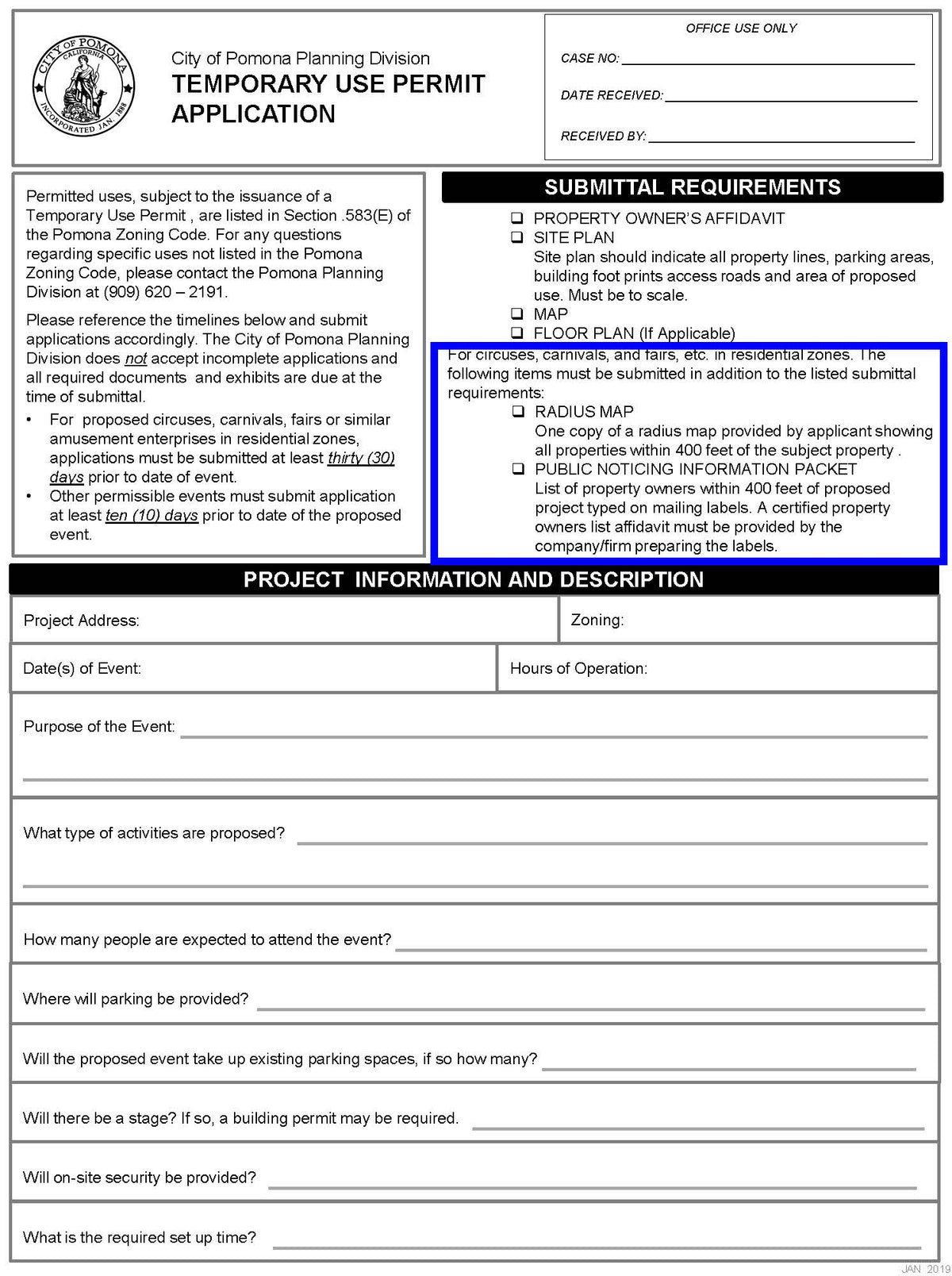 City of Pomona Temporary Use Permit Application form with public noticing and radius map requirements