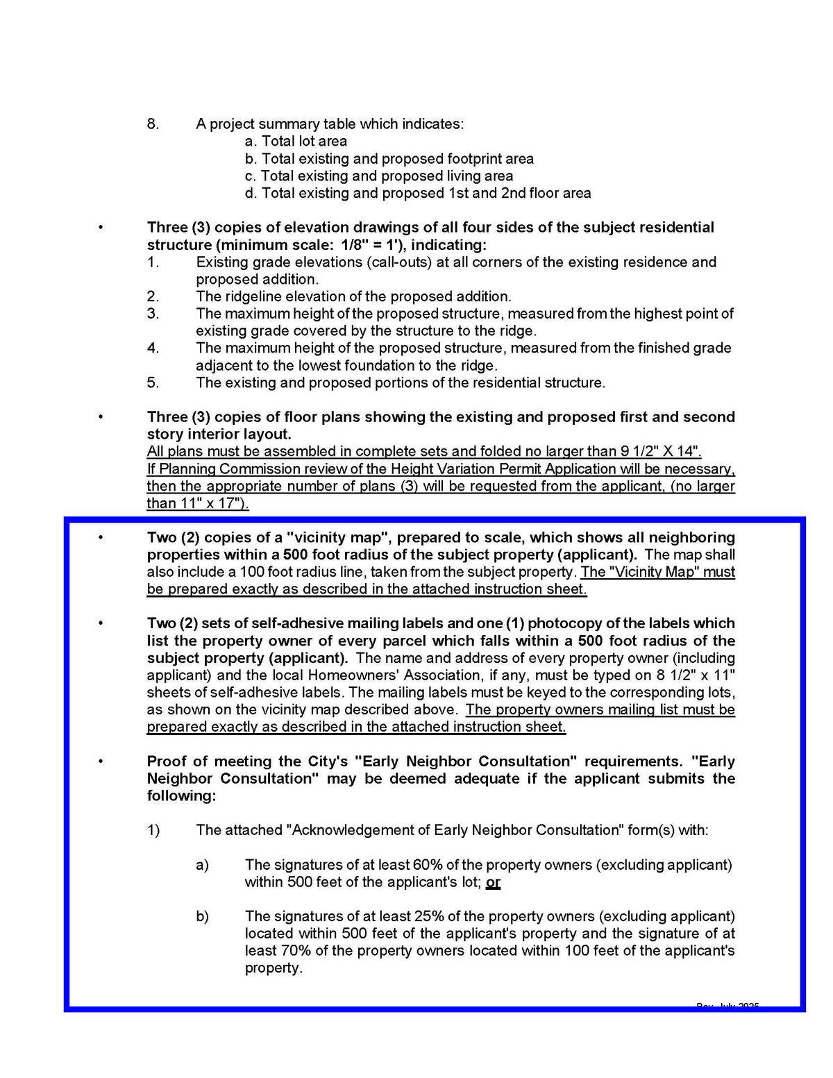 Rancho Palos Verdes height variation permit submittal checklist with 500-foot radius map and mailing labels