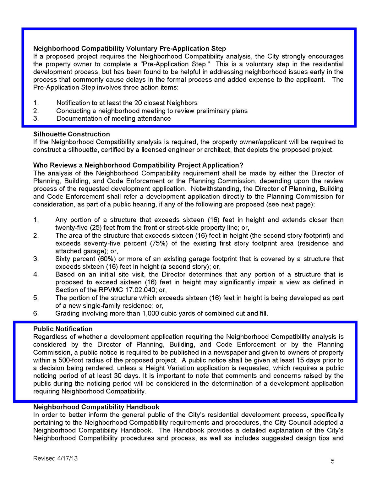 Neighborhood compatibility project application requirements for Rancho Palos Verdes with public notification