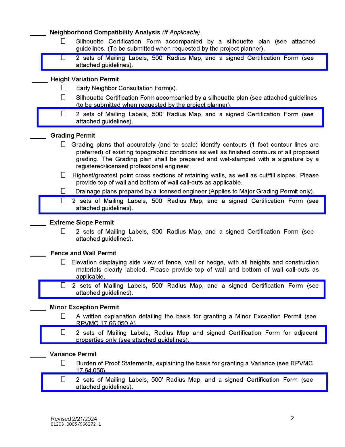 Rancho Palos Verdes planning permit submittal checklist requiring mailing labels and certification form