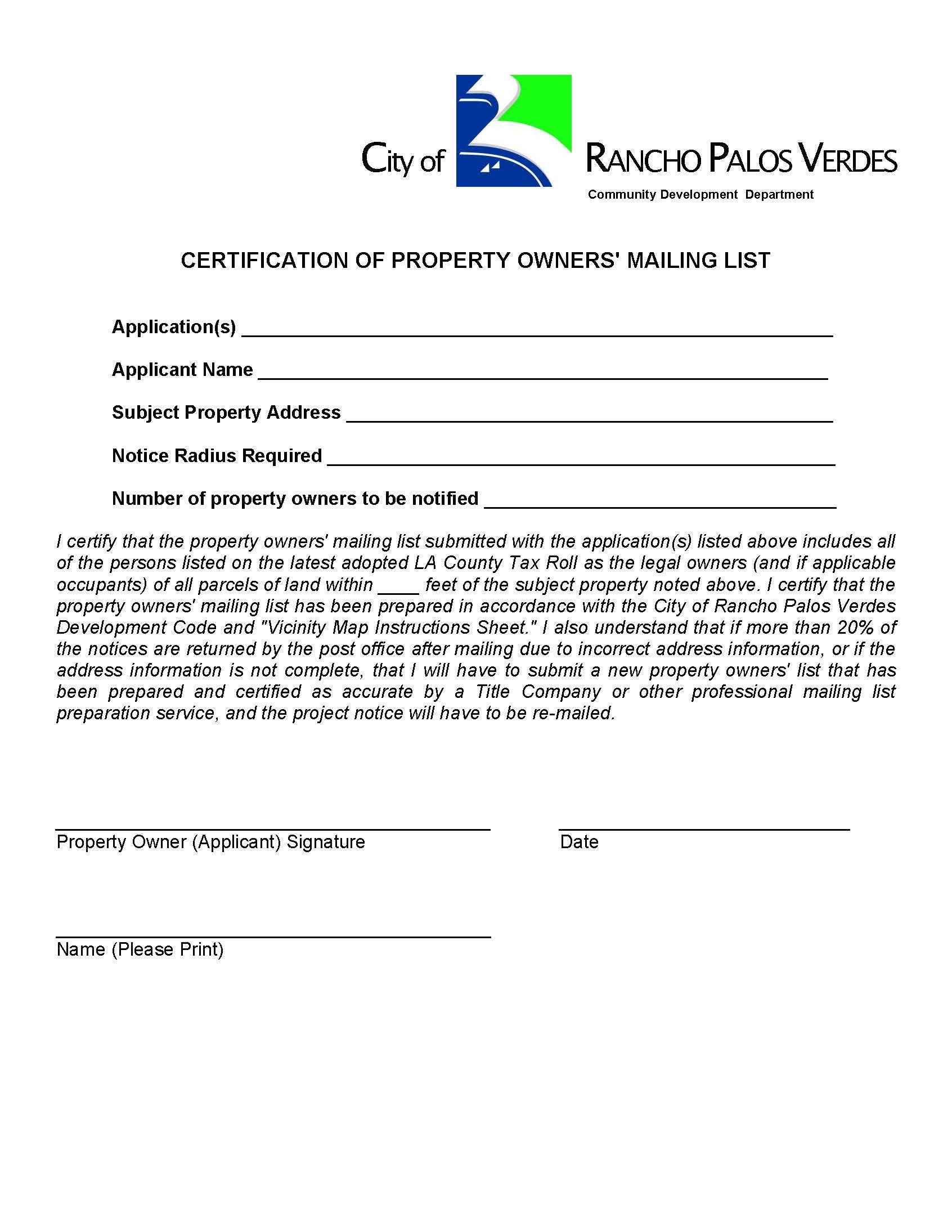 Certification form for Rancho Palos Verdes property owners mailing list with applicant affidavit