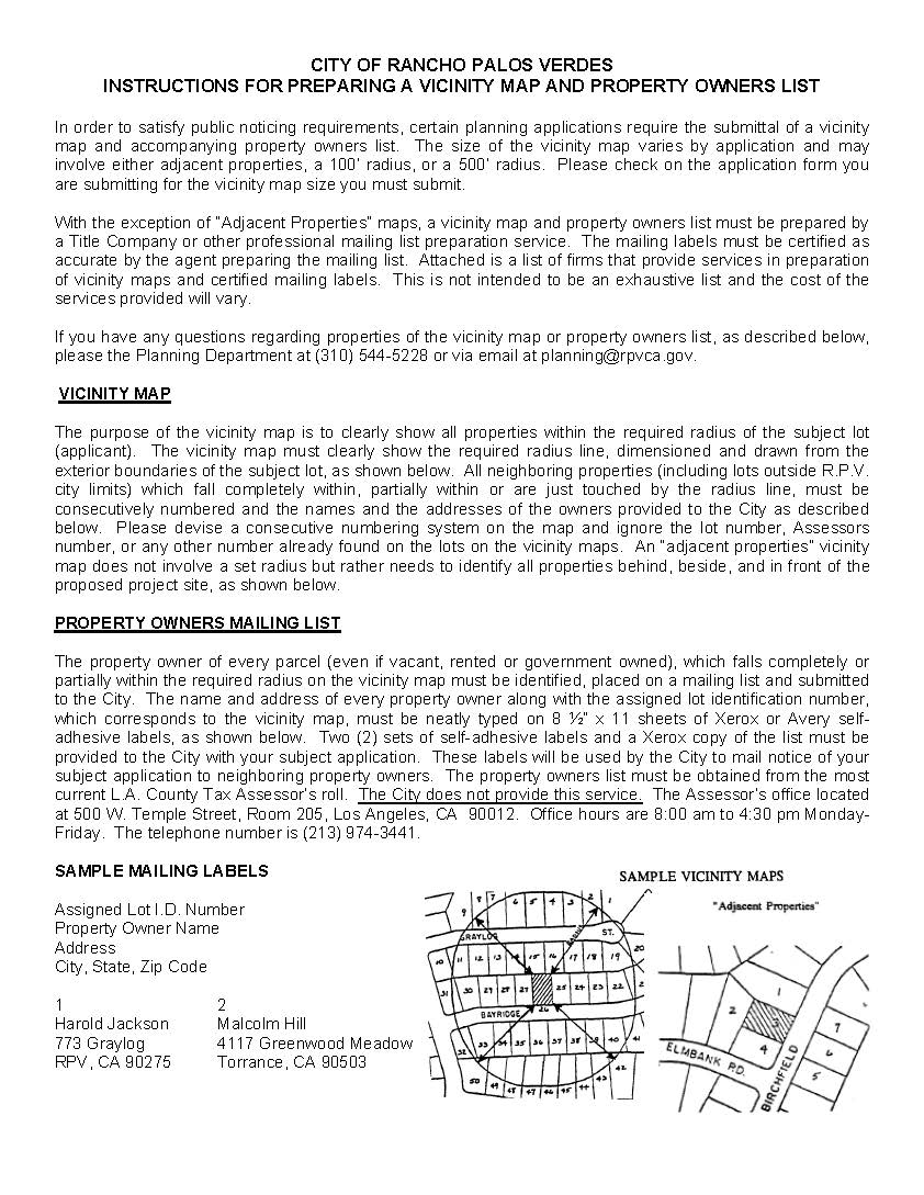 Rancho Palos Verdes instructions for preparing vicinity map and certified property owners mailing list