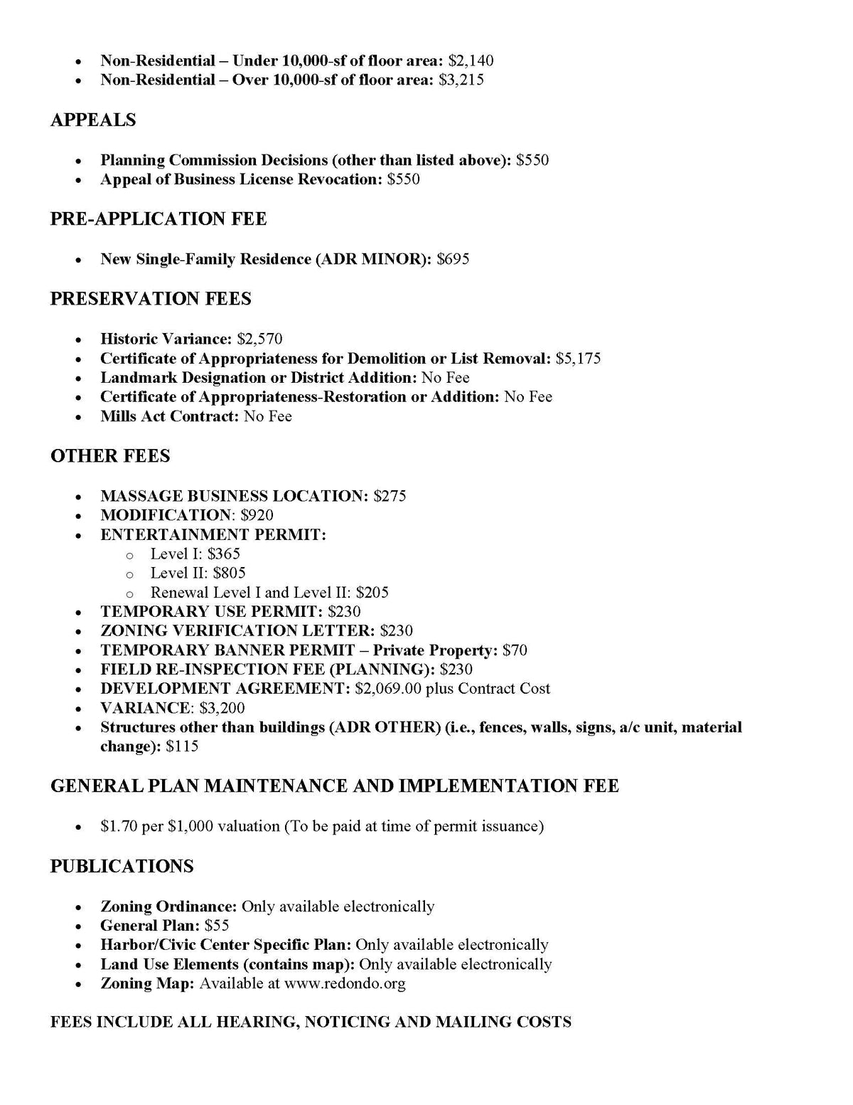 City of Redondo Beach planning division fee schedule