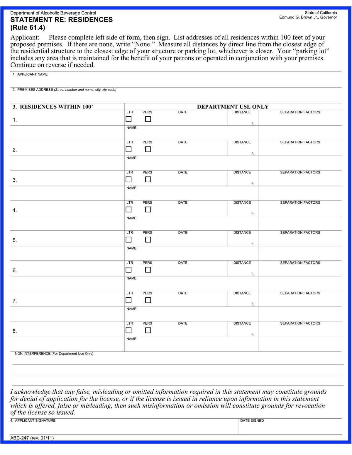 ABC 247 Statement RE: Residences within 100 feet of your proposed premises. Department of Alcoholic Beverage Control