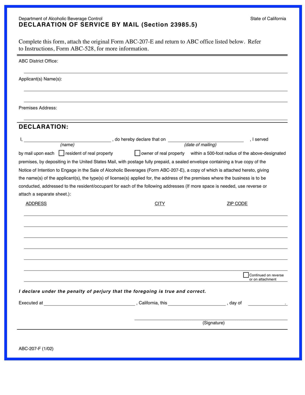 ABC 207F Declaration of Service by Mail San Diego 