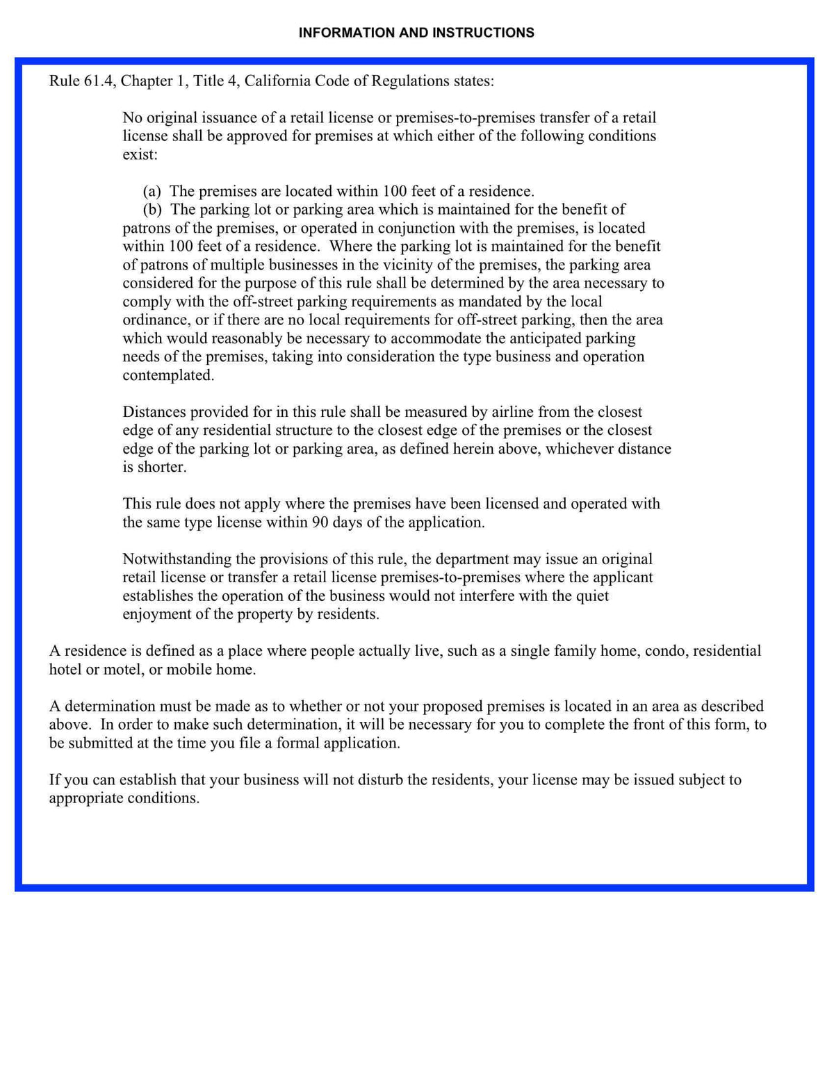 ABC San Diego Information and Instructions 500 residents premises