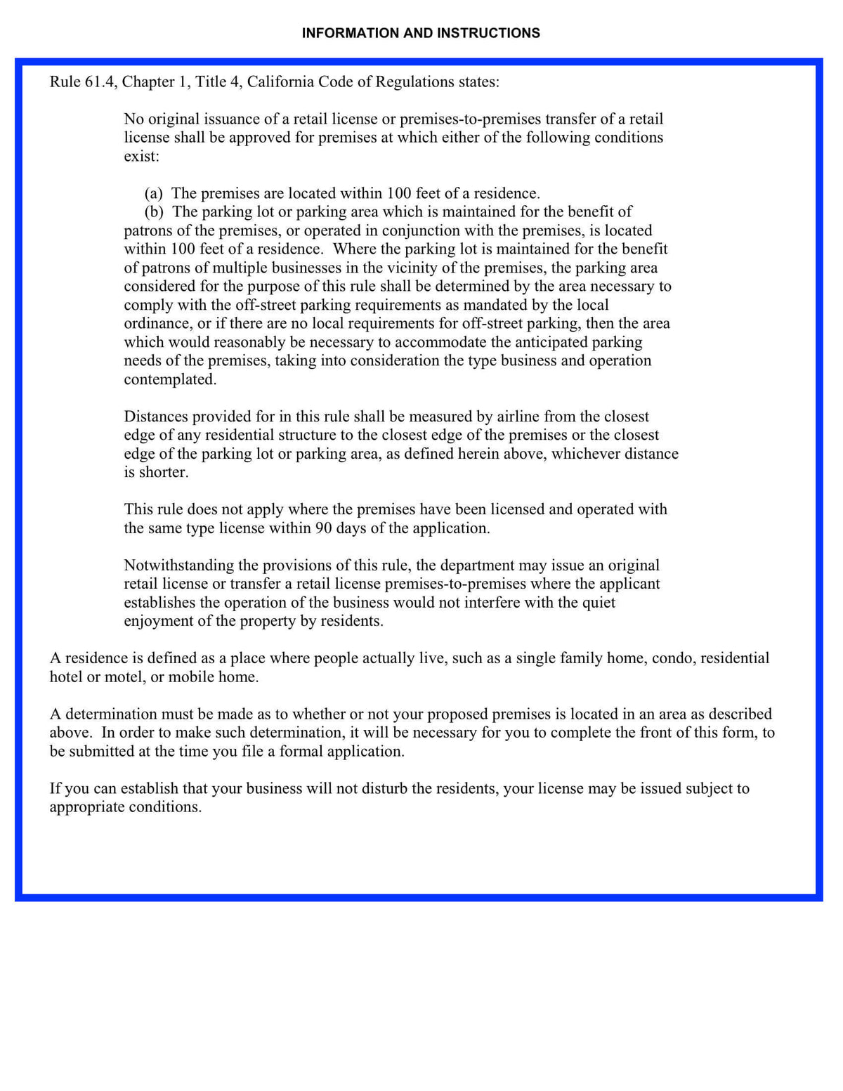 ABC-247-100 Foot-Residences-Alcohol Beverage Sale