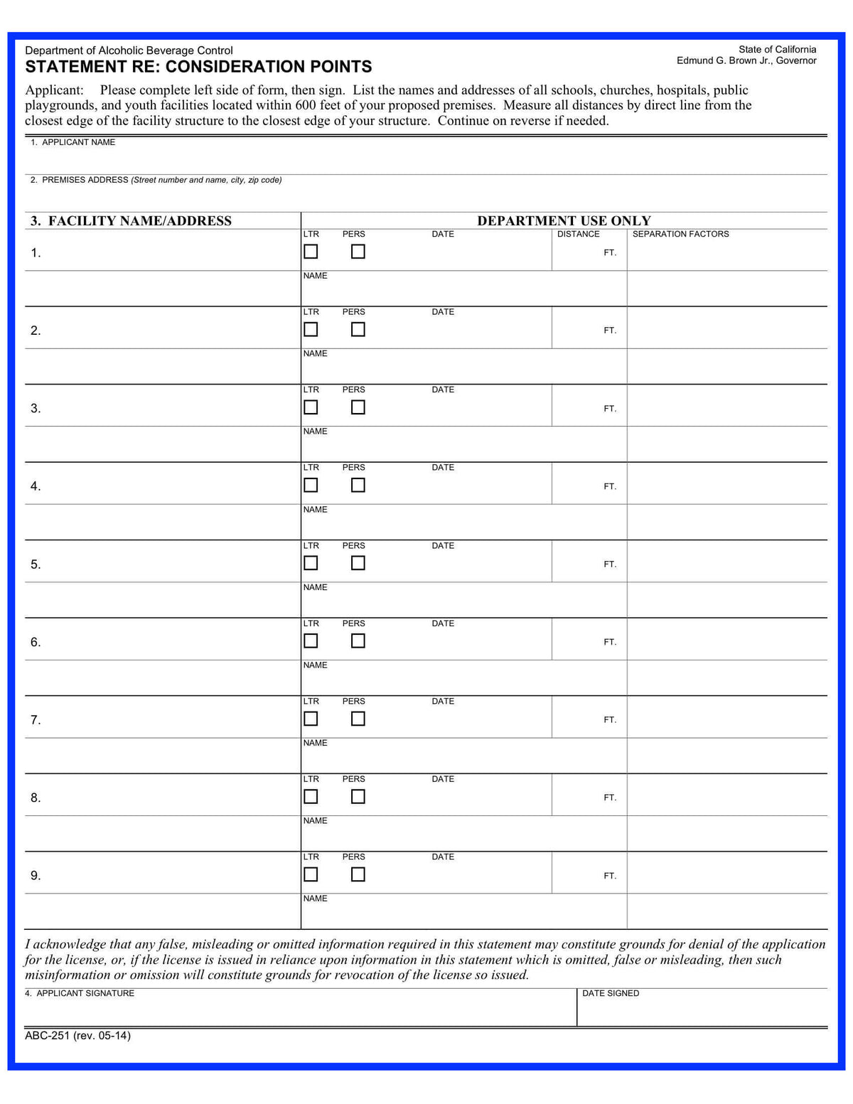 ABC-251-500 Foot-Consideration Points-Alcohol Beverage Sale