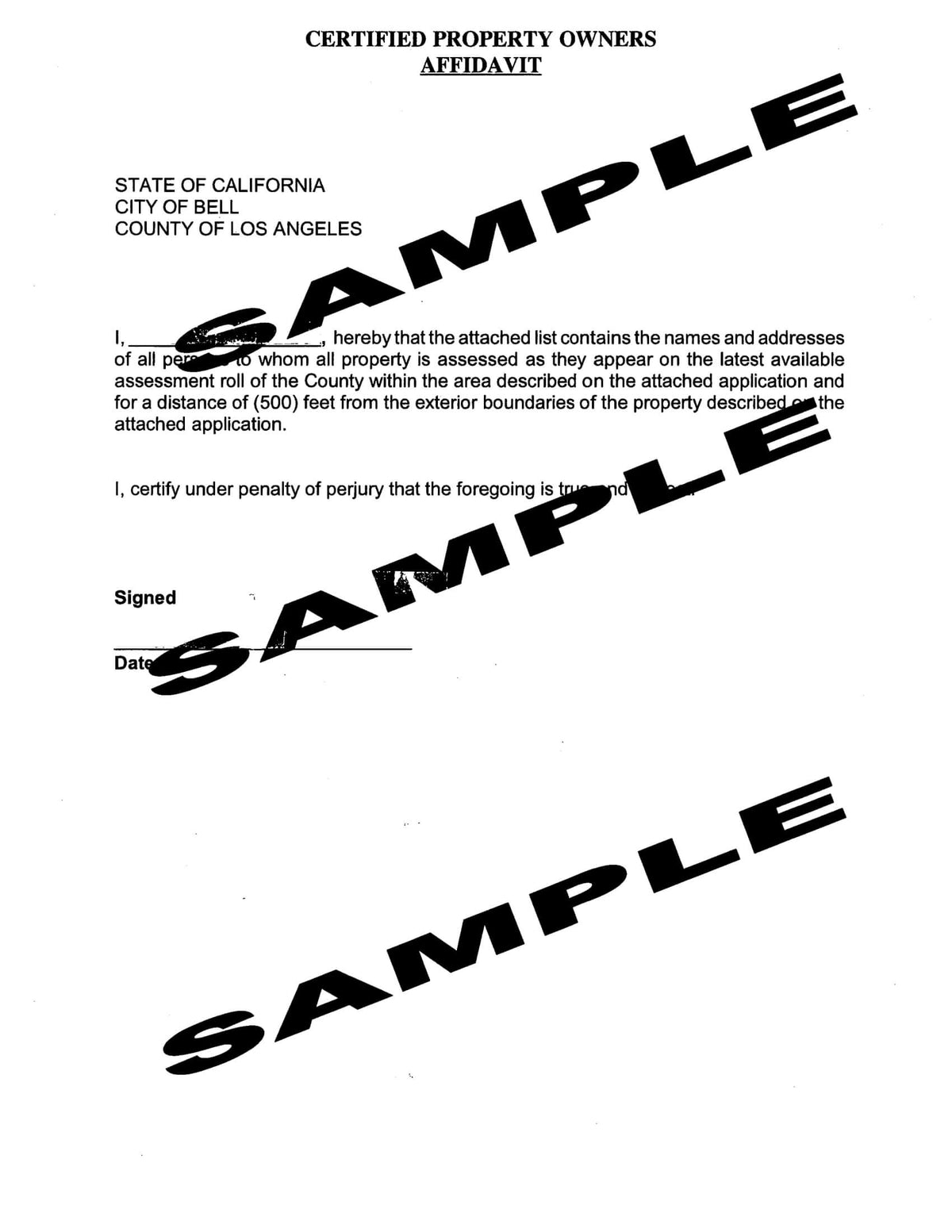 City of Bell affidavit certifying accuracy of property owners list within 500-foot radius