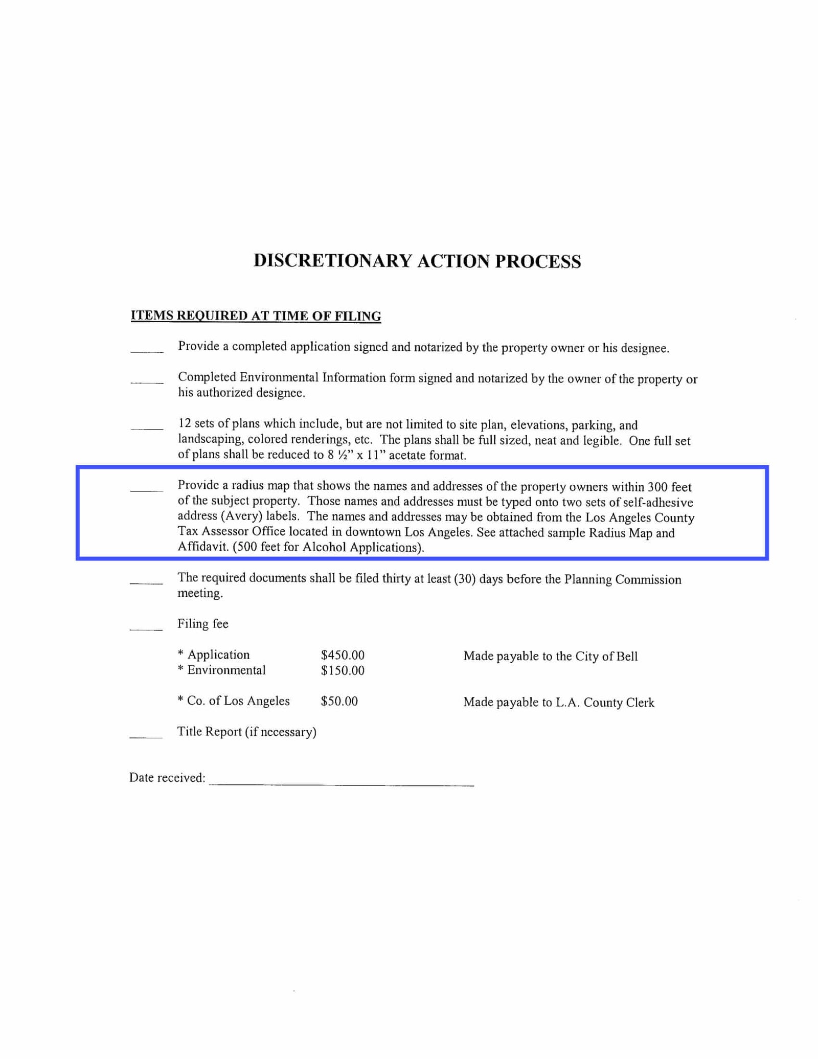 City of Bell discretionary action application requirements including radius map, mailing labels, and affidavit