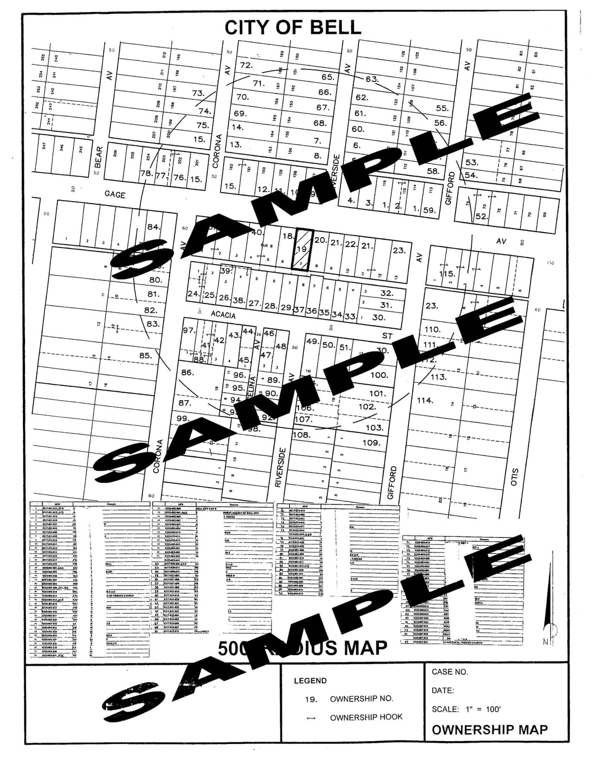 City of Bell 500-foot ownership radius map with numbered parcels for property owners notification