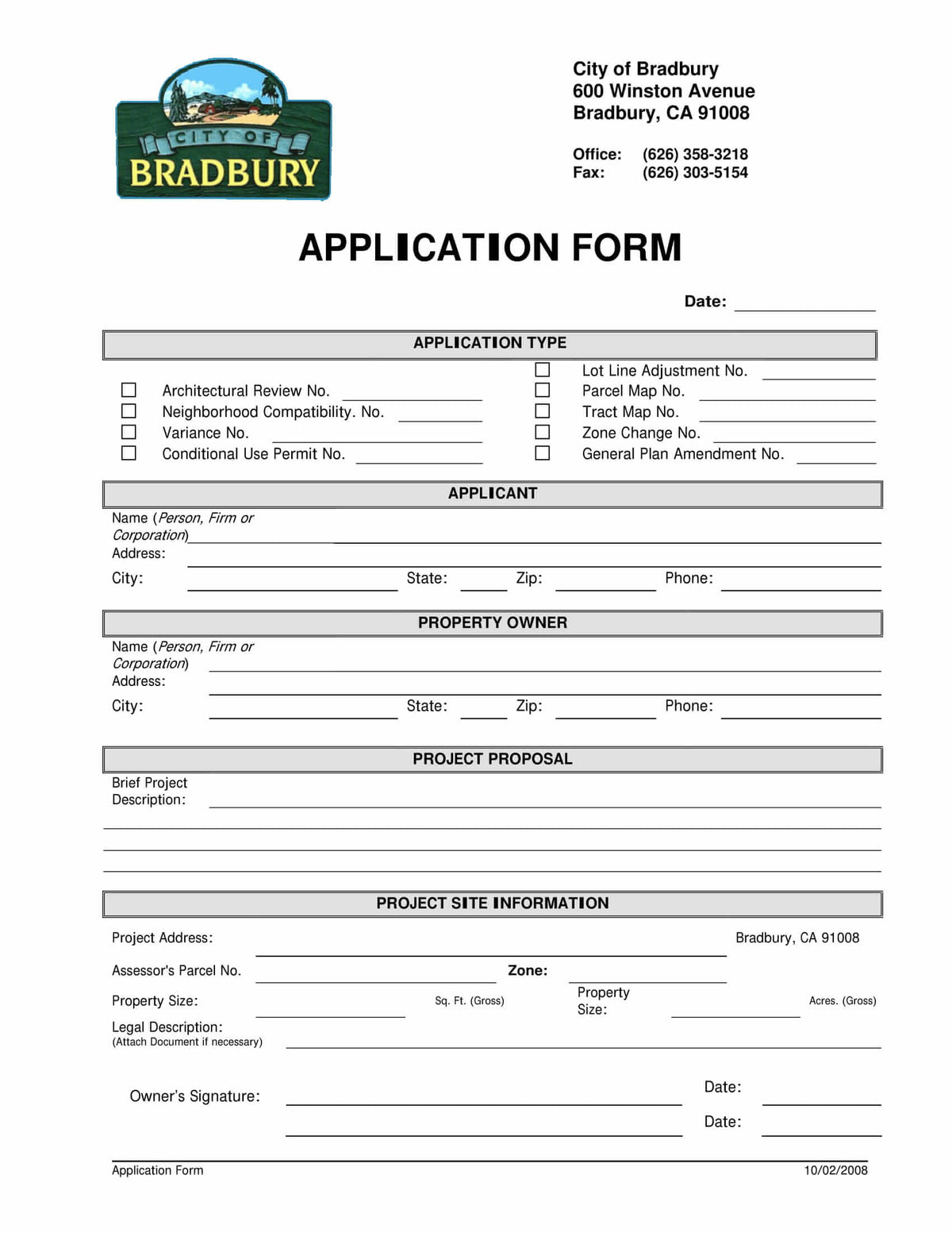 City of Bradbury planning application form with applicant, owner, and project site information