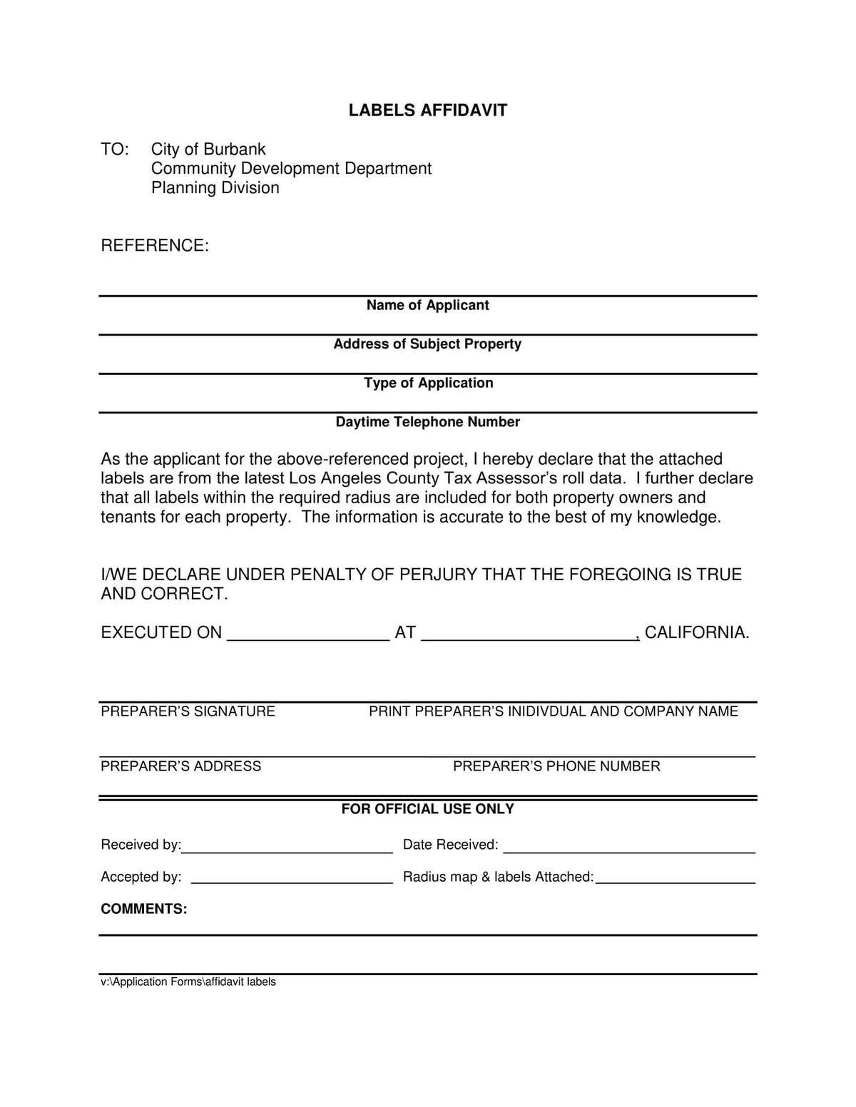Burbank labels affidavit certifying accuracy of property owners and tenants mailing labels based on assessor data