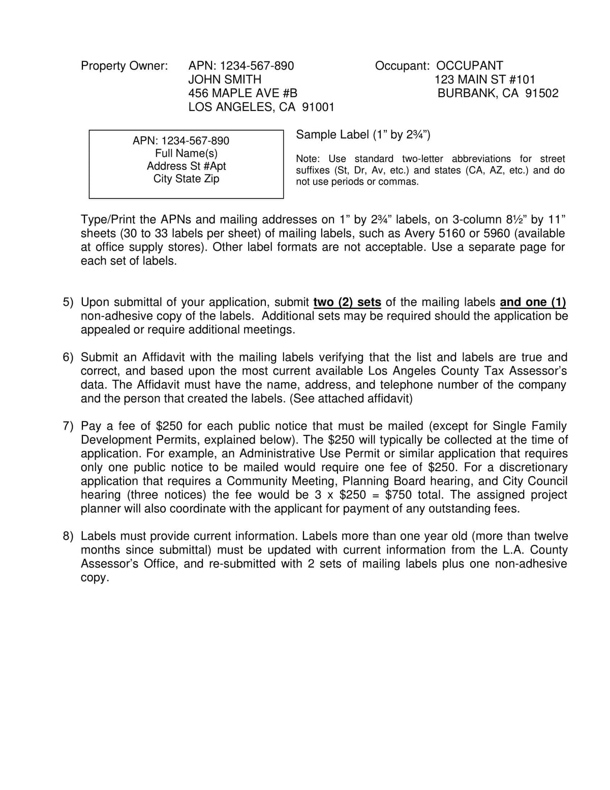 Burbank mailing label requirements with APN, owner and tenant names, and format for submission