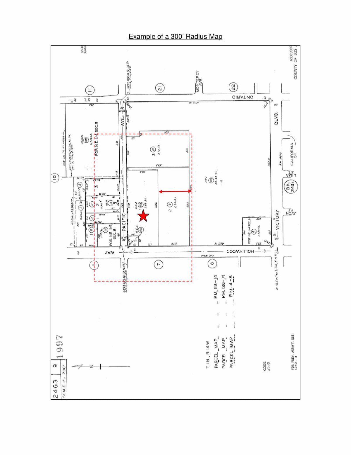 Example of a Burbank 300-foot radius map showing property parcels around subject site