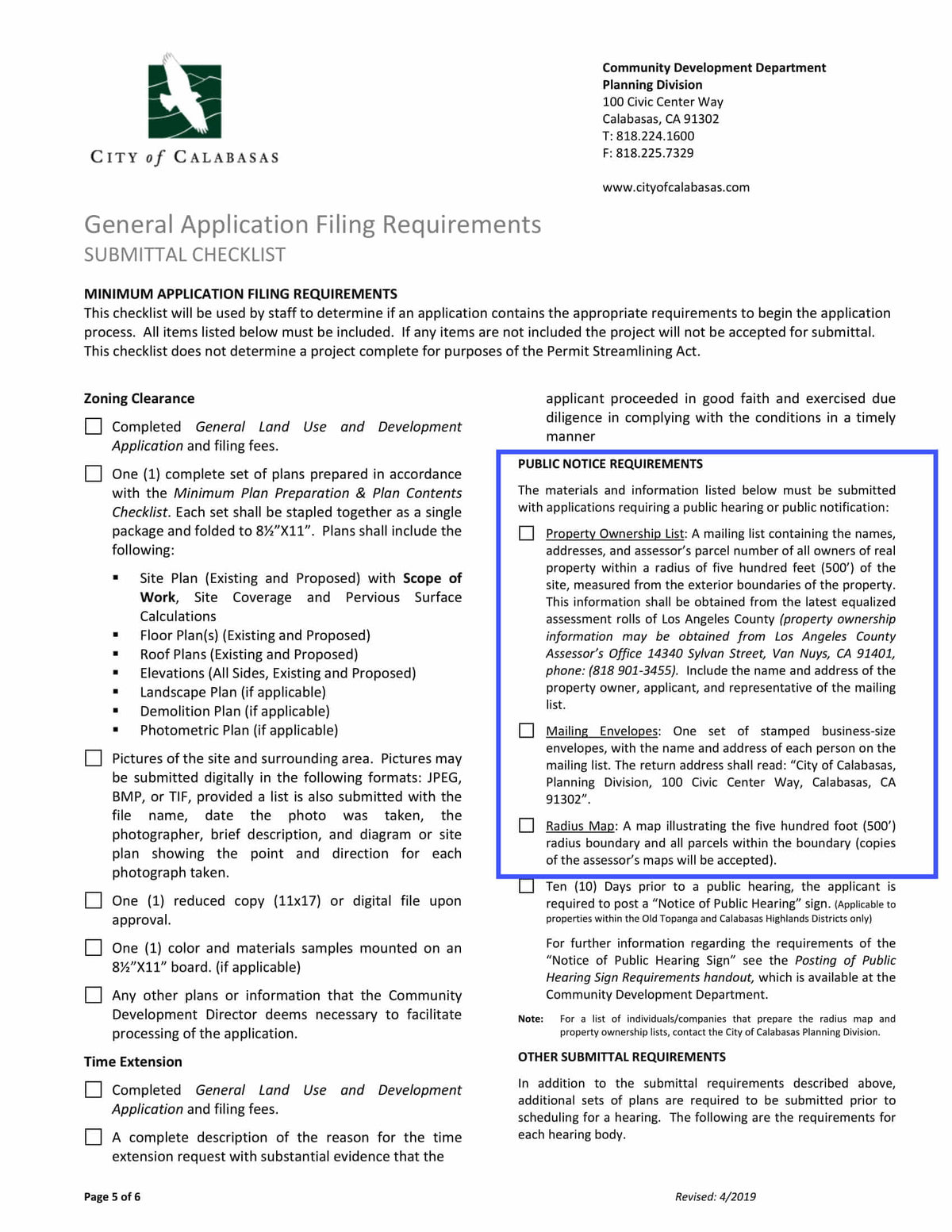 Calabasas 500-foot radius map, property ownership list with APNs and addresses, and stamped mailing envelopes requirement