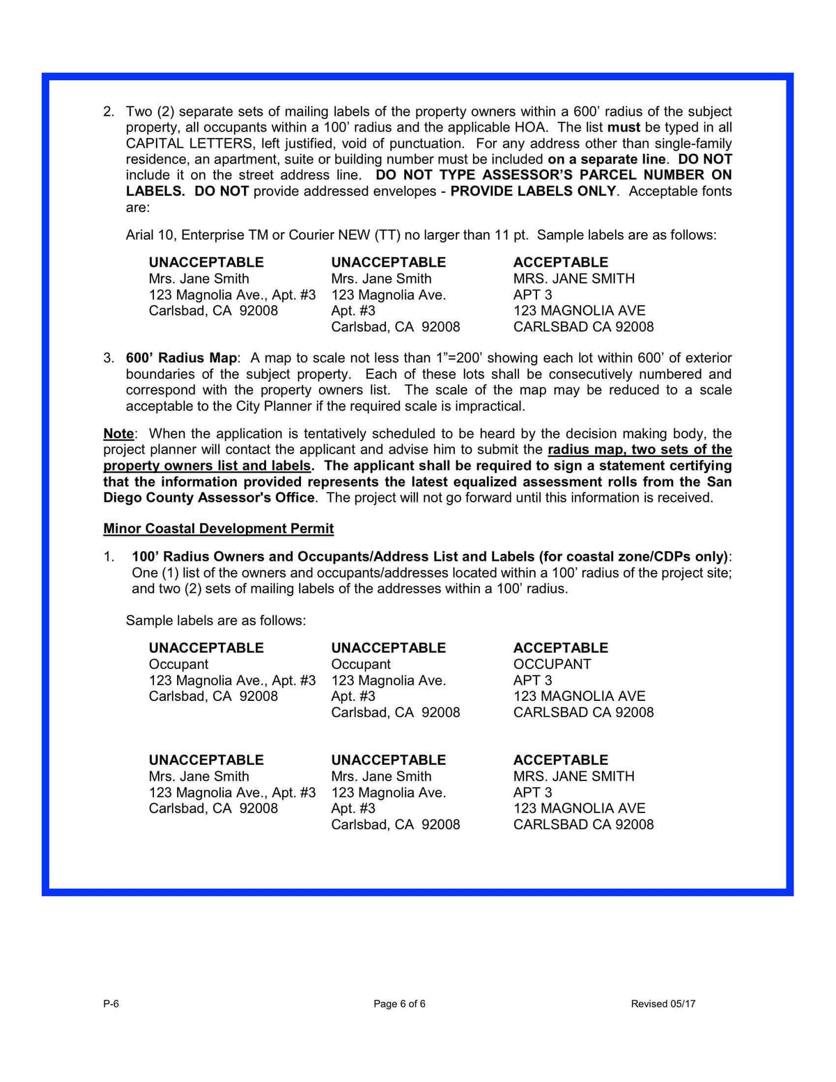 Carlsbad Mailing Labels 600' Radius Map Minor Coastal Development Project