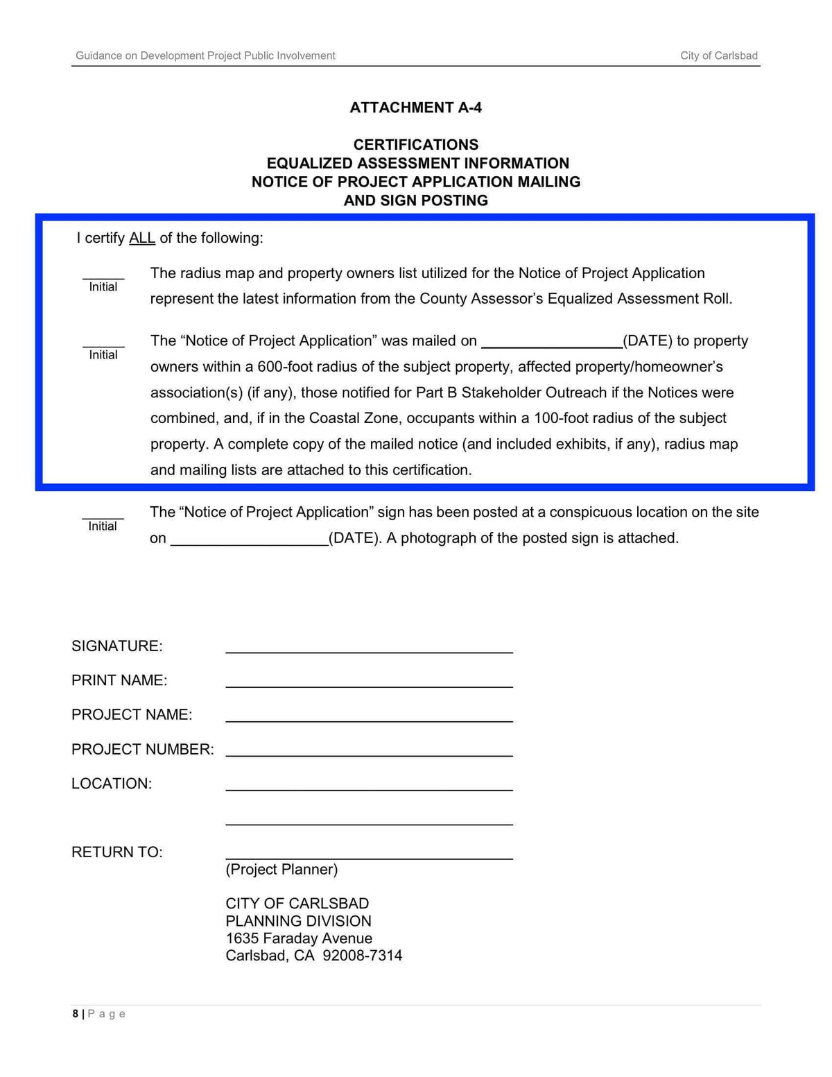 Carlsbad Application Mailing and Sign Posting 600-foot radius 