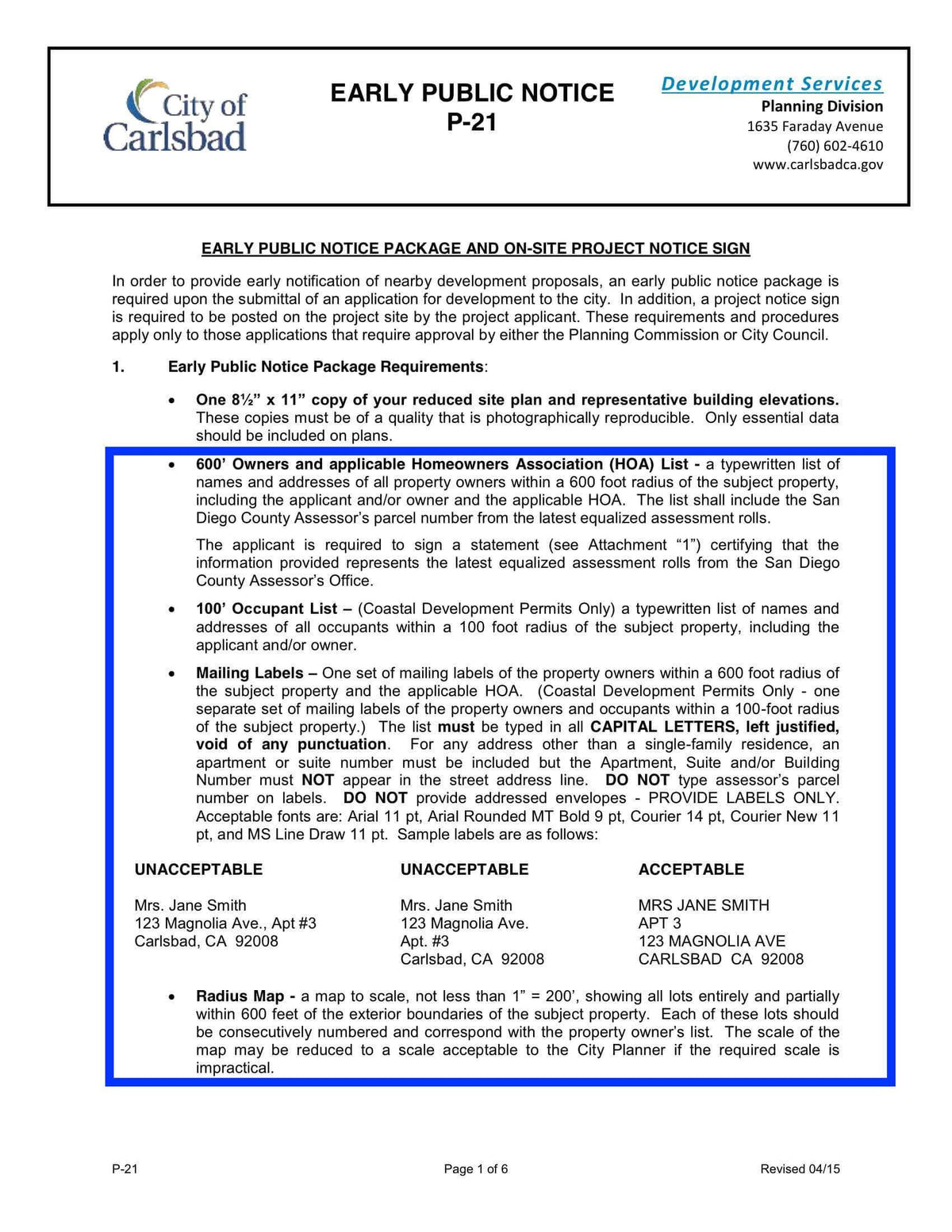 Carlsbad Early Public Notice P-21 600' Owners 100' Occupant List Mailing Labels