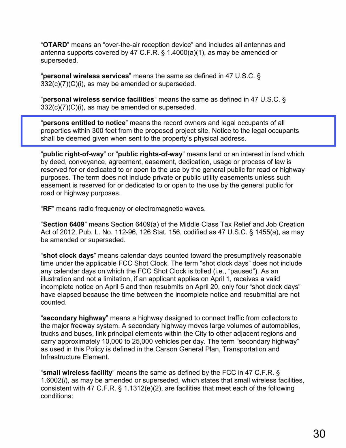 Carson definition of persons entitled to notice including record owners and legal occupants within 300 feet of project