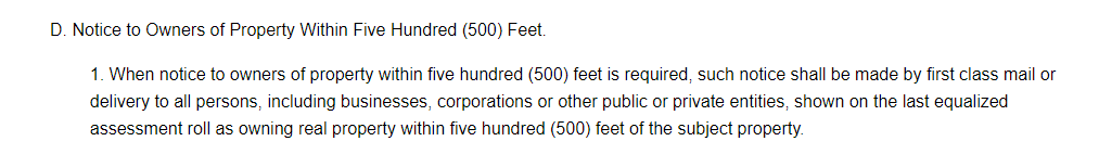 Carson municipal code requirement for 500-foot public notice to property owners for land use applications