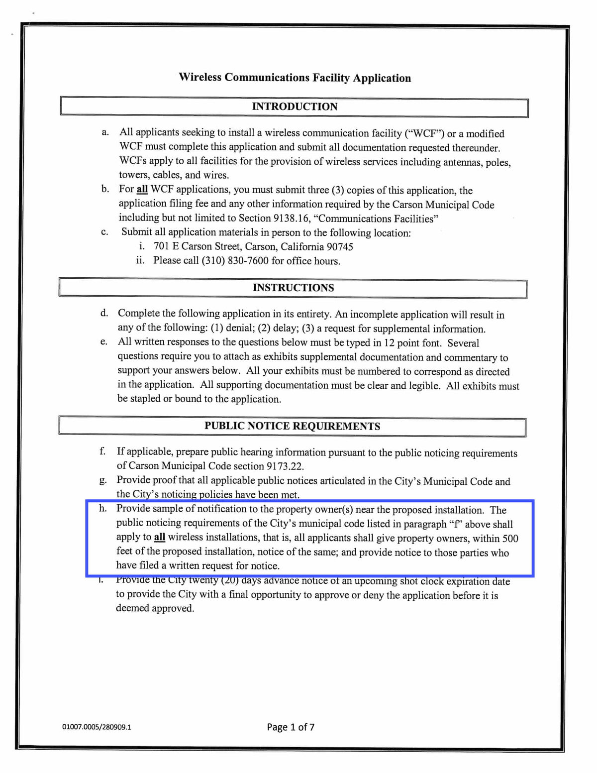 Carson wireless facility application public notice requirement to notify property owners within 500 feet