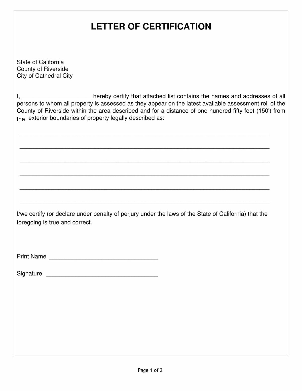 Cathedral City STVR Short Term Vacation Rental Letter of Certification 150ft