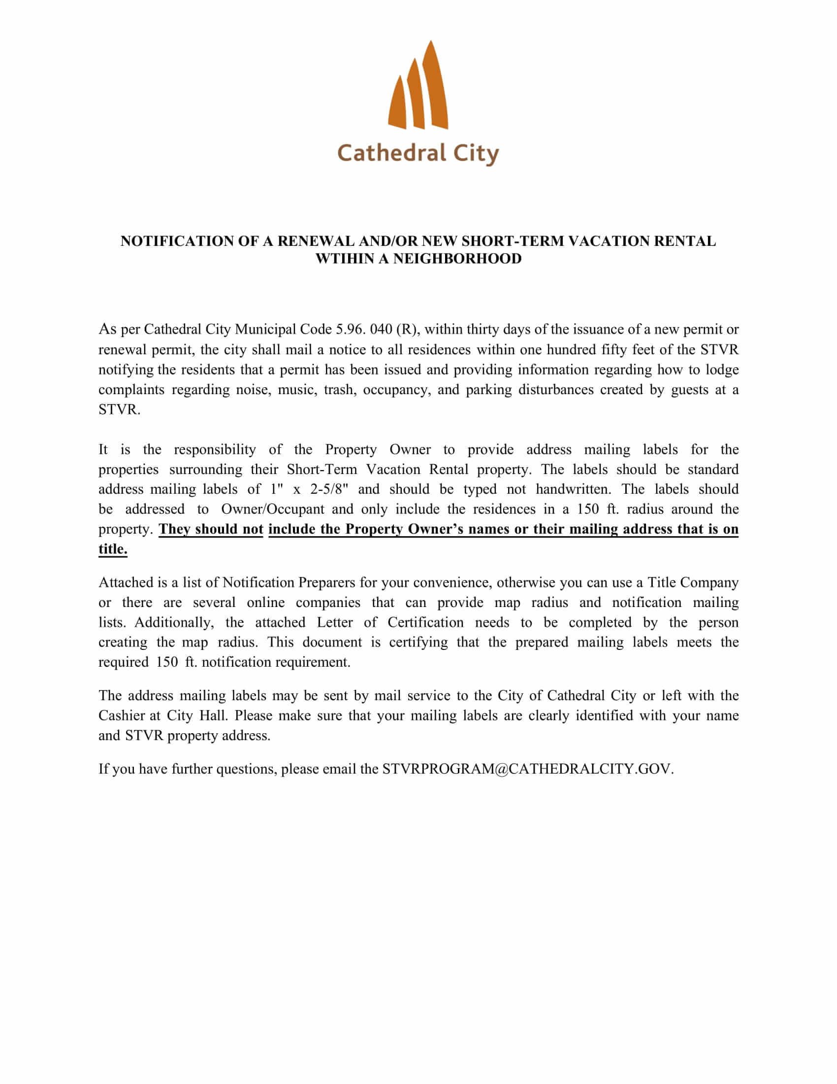 Cathedral City Letter of Certification Mailing Labels Express Mapping