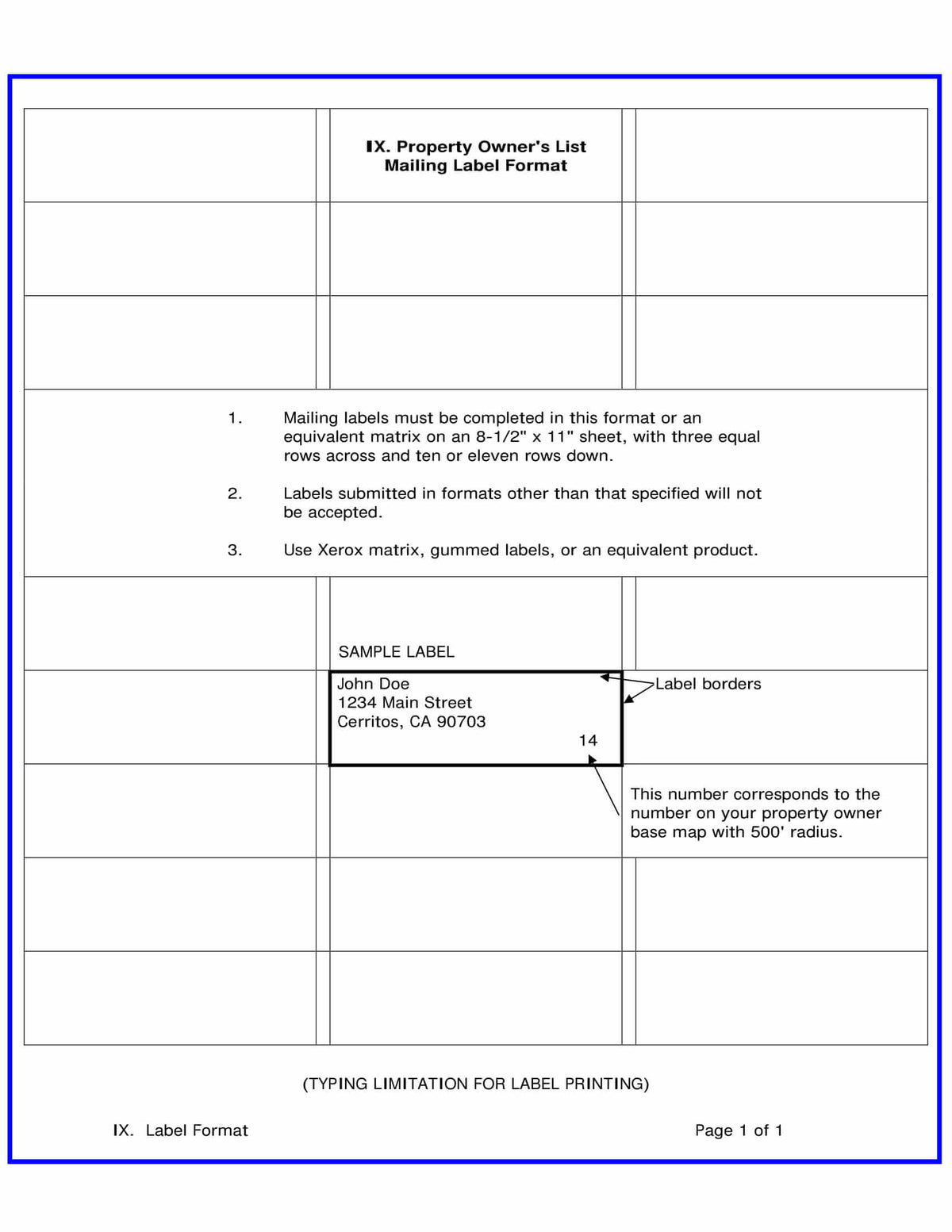 Cerritos mailing label format 8.5x11 with three columns for property owners list within 500 feet