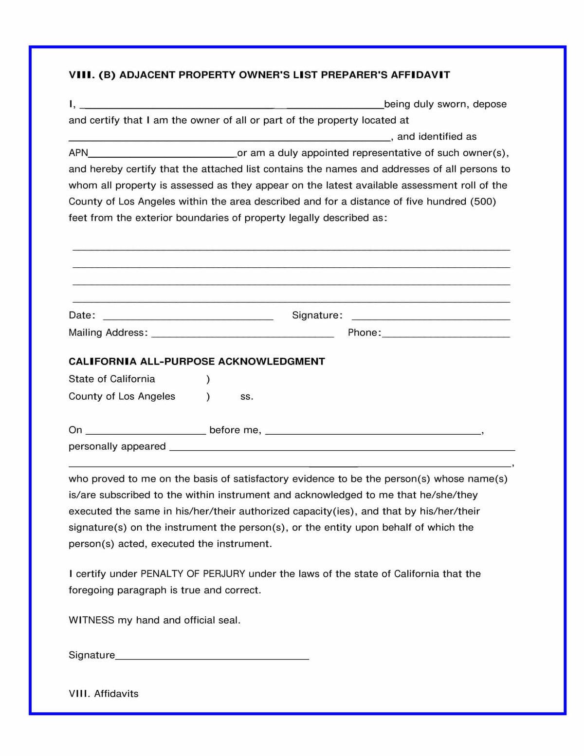 Cerritos affidavit certifying accuracy of property owners list within 500-foot radius
