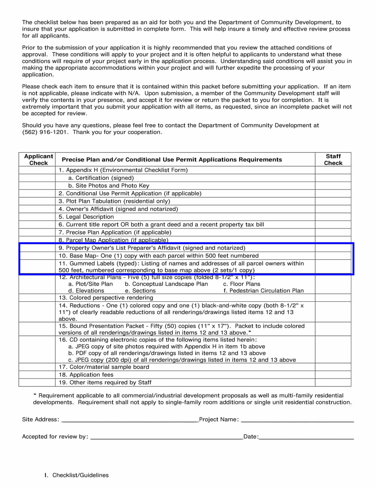 Cerritos submittal checklist requiring base map, gummed mailing labels, and notarized affidavit