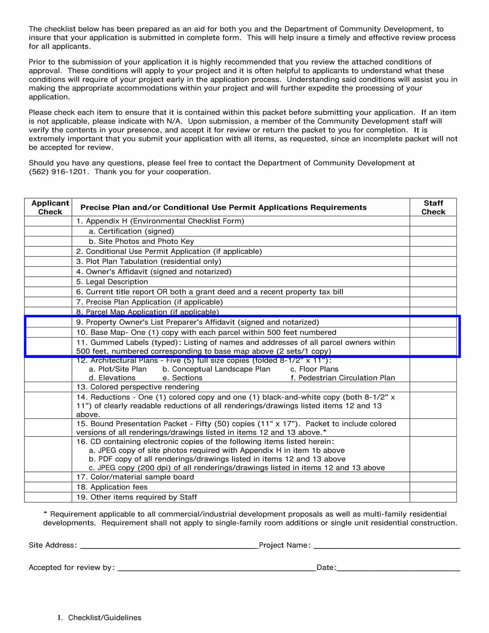 Cerritos submittal checklist requiring base map, gummed mailing labels, and notarized affidavit
