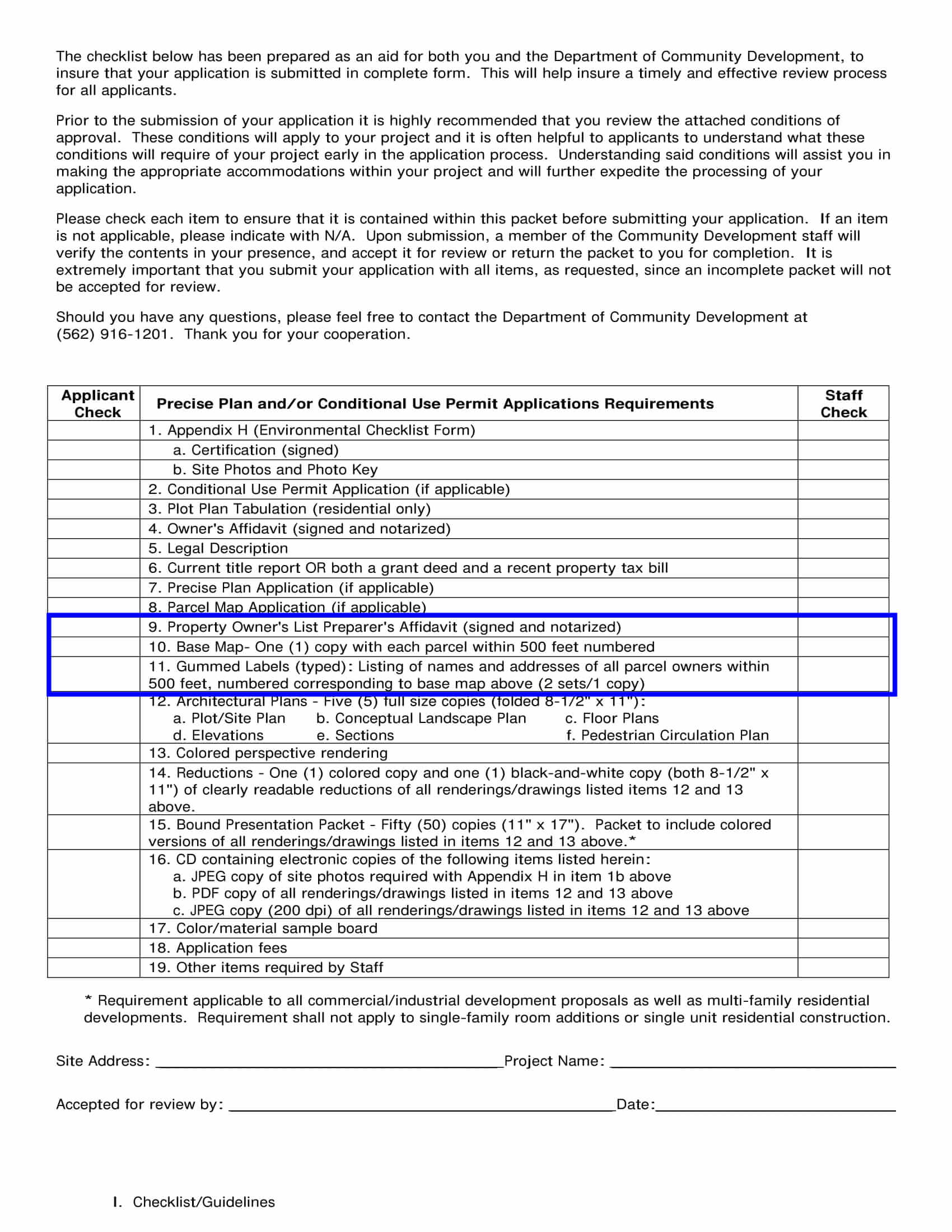 Cerritos submittal checklist requiring base map, gummed mailing labels, and notarized affidavit