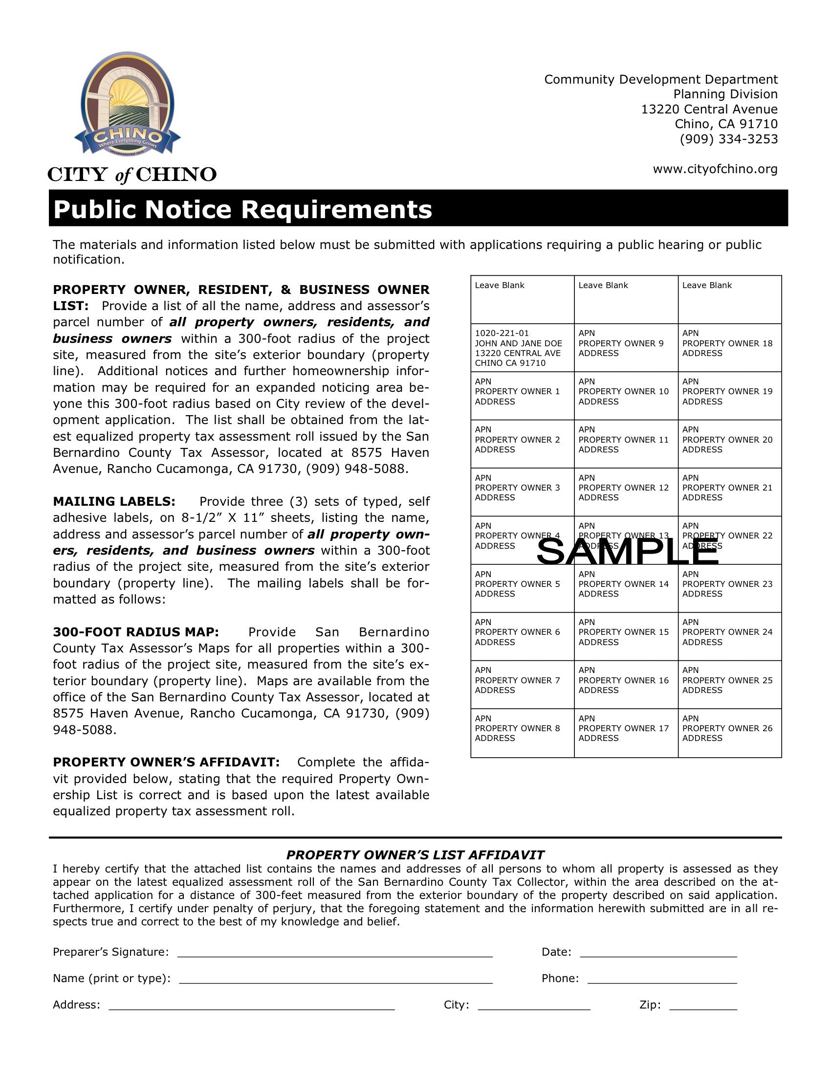 Chino Public Notice Requirements Community Development Department. Property Owner List, Mailing Labels, 300-Foot Radius Map, Property Owners List Affidavit