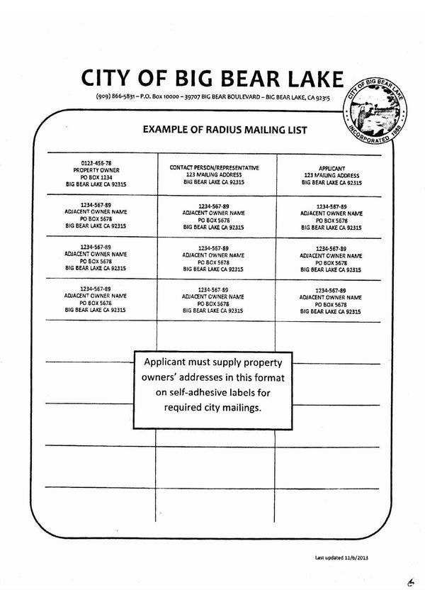 City of Big Bear Lake Certified Property Owners List Declaration