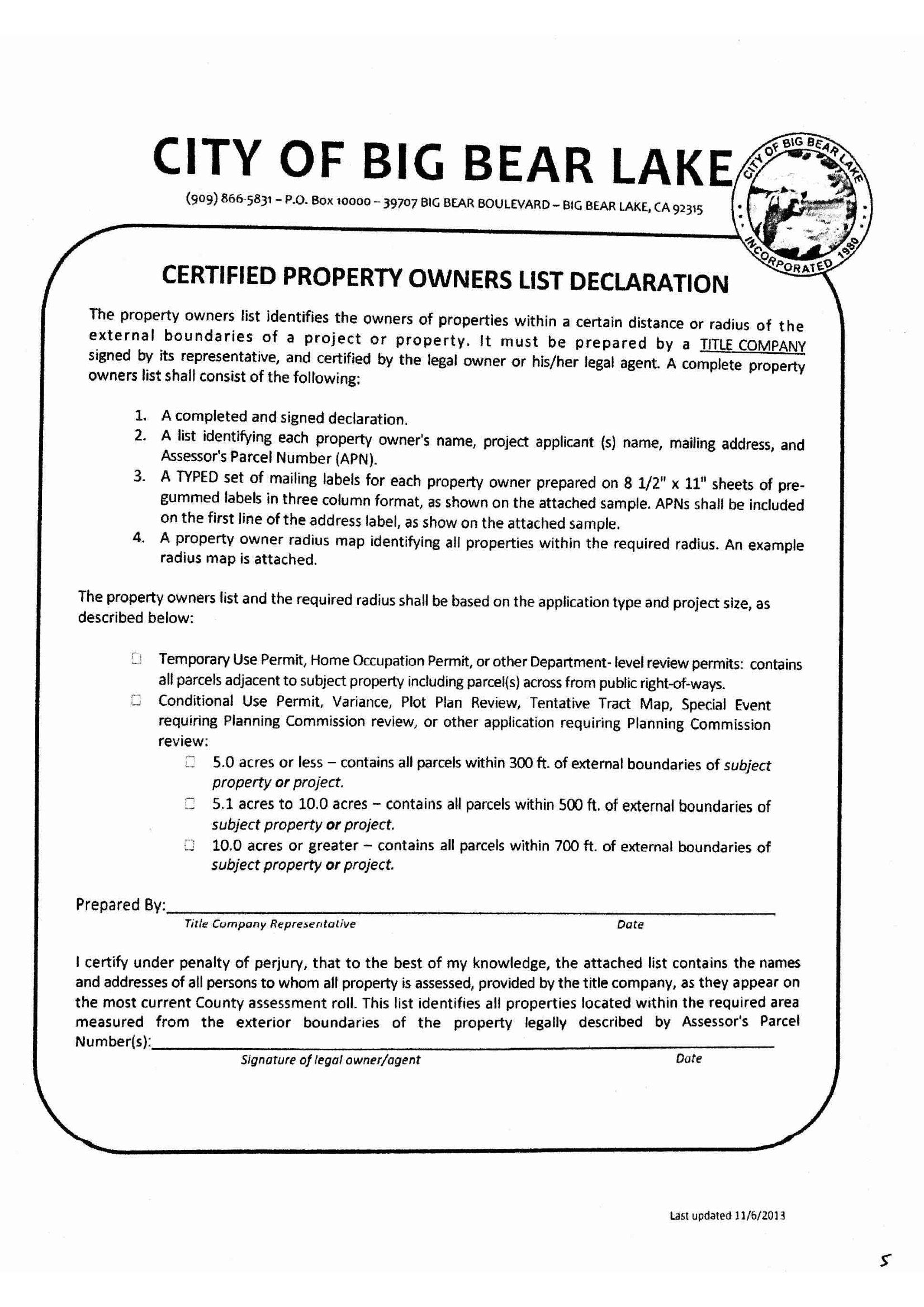City of Big Bear Lake Certified Property Owners List Declaration. 300ft, 500ft, 700ft. Typed List of Mailing Labels